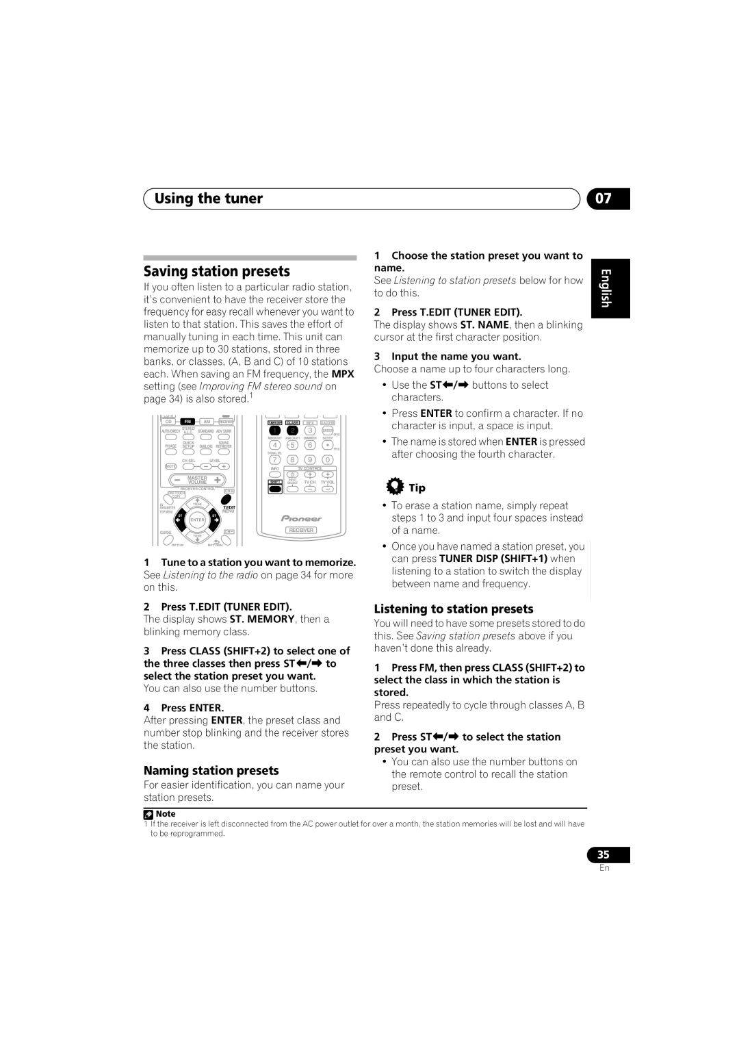 Pioneer VSX-518 manual Using the tuner Saving station presets, Naming station presets, Listening to station presets 