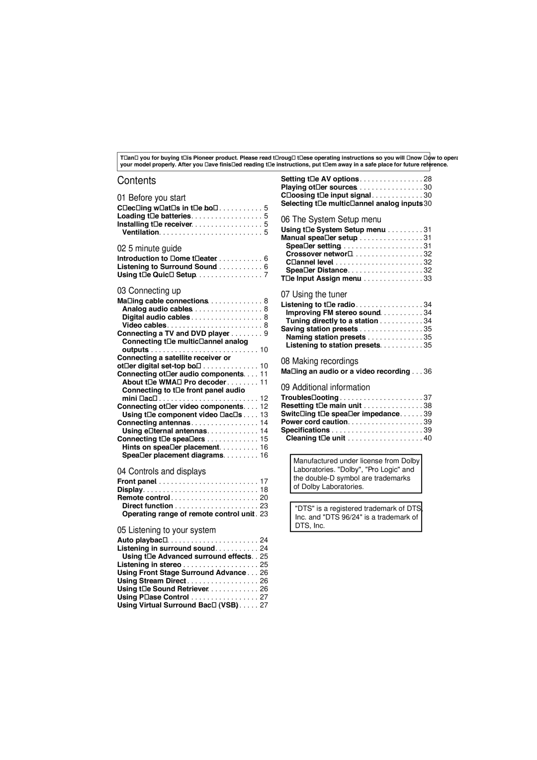 Pioneer VSX-518 manual Contents 