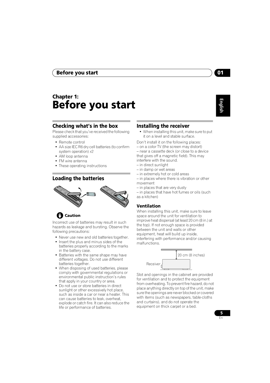 Pioneer VSX-518 Before you start Chapter, Checking what’s in the box, Loading the batteries, Installing the receiver 