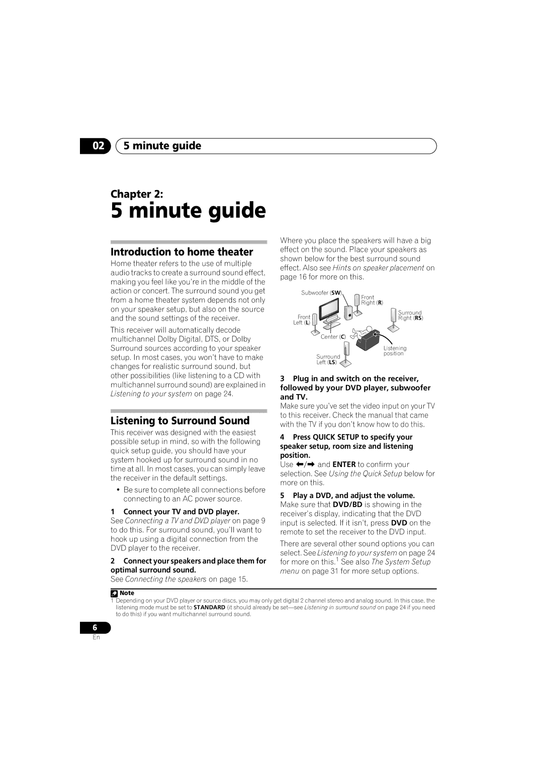 Pioneer VSX-518 manual Minute guide, 02 5 minute guide Chapter, Introduction to home theater, Listening to Surround Sound 