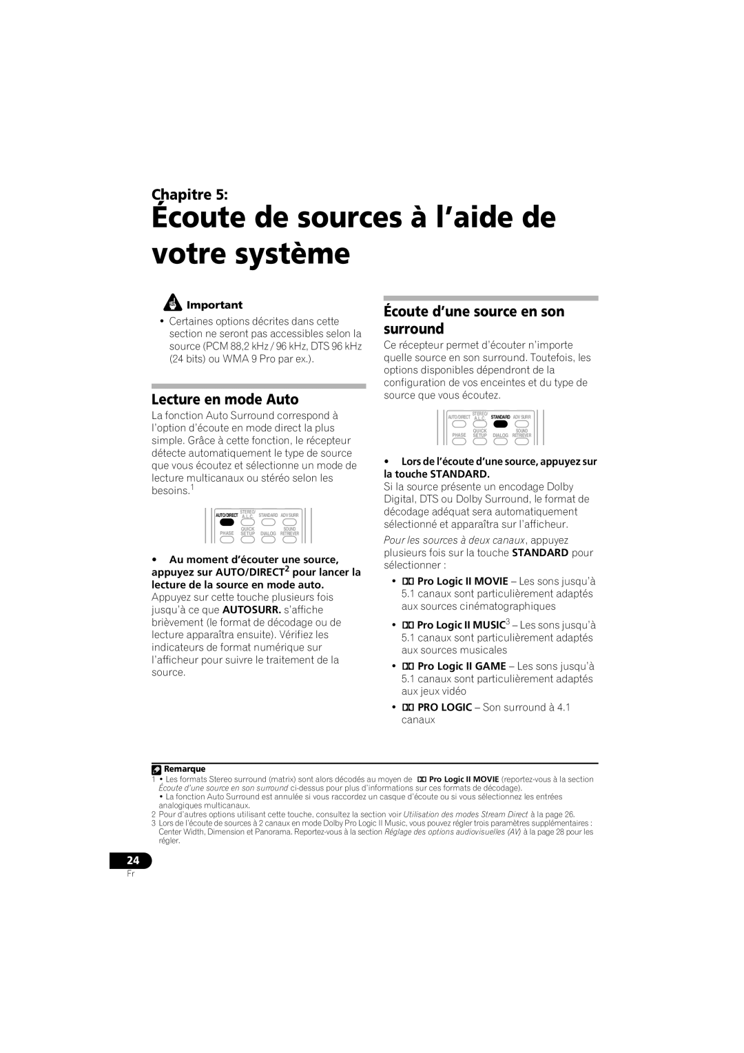 Pioneer VSX-518 Écoute de sources à l’aide de votre système, Lecture en mode Auto, Écoute d’une source en son surround 