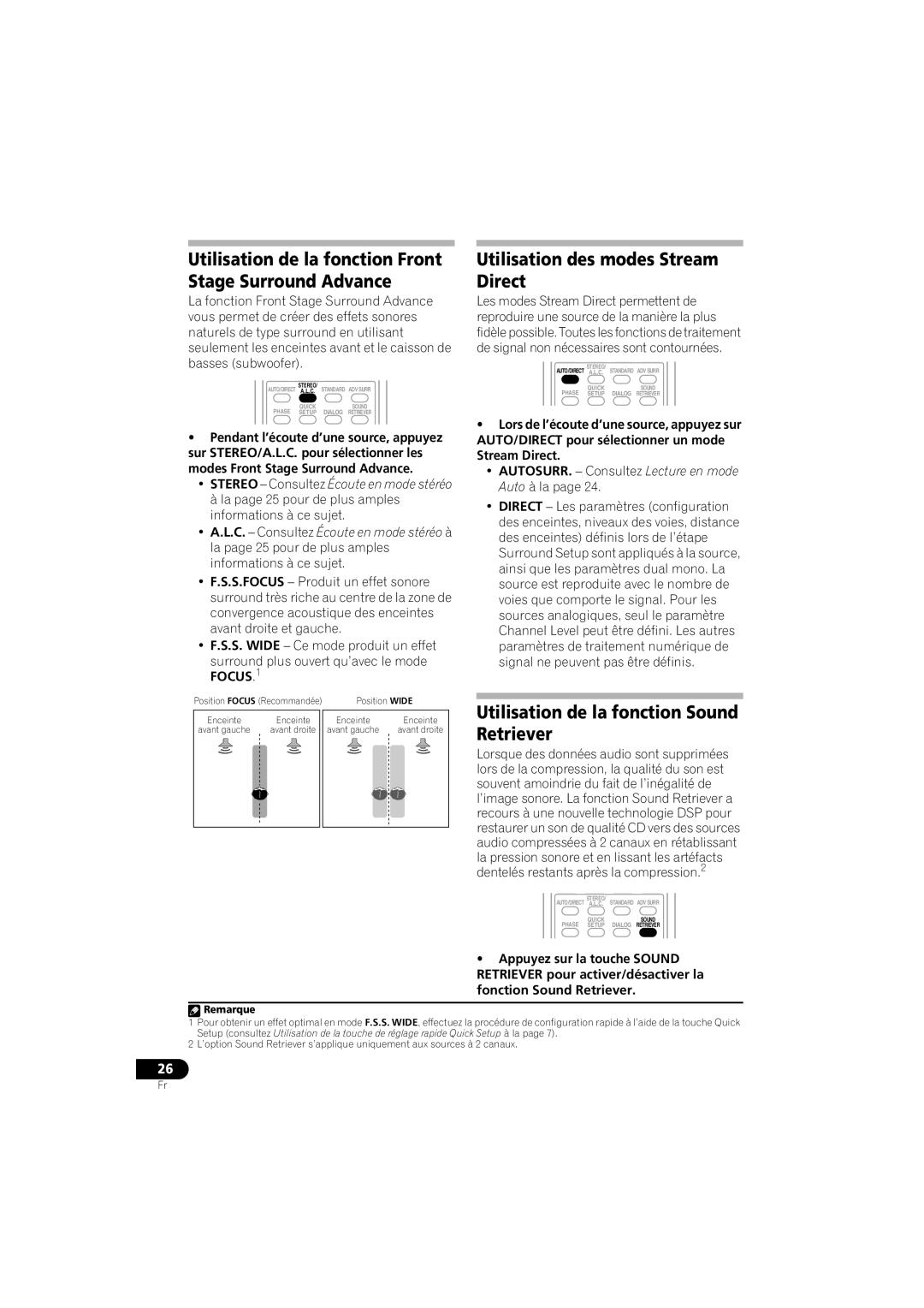 Pioneer VSX-518 manual Utilisation des modes Stream Direct, Utilisation de la fonction Sound Retriever 