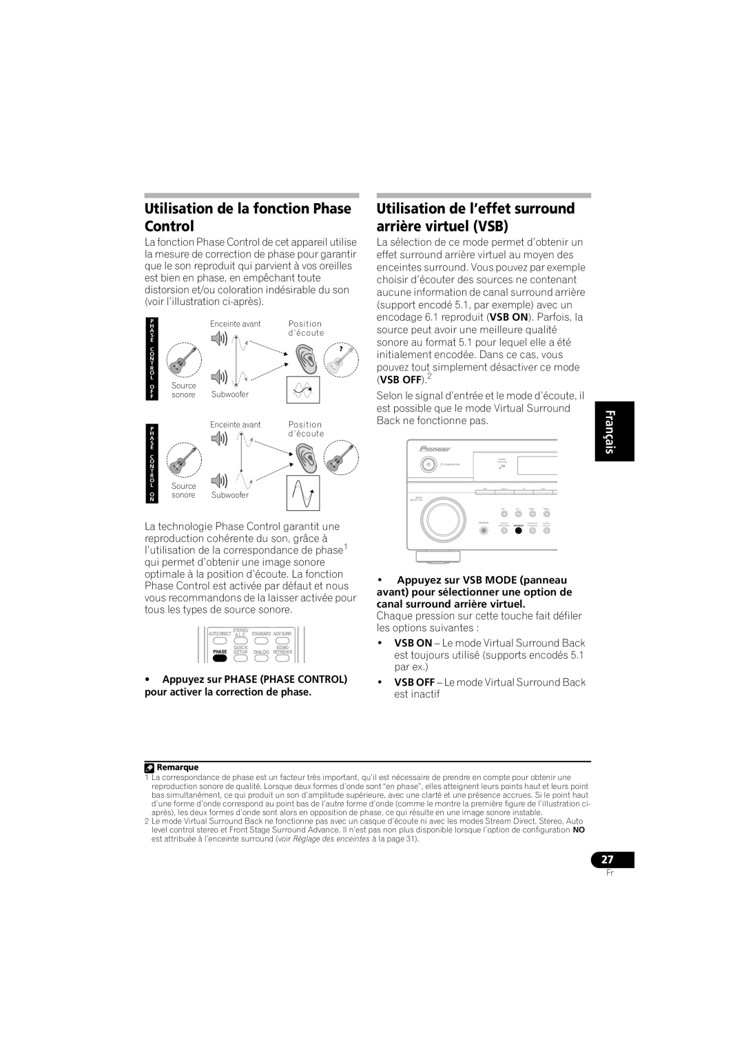 Pioneer VSX-518 Utilisation de la fonction Phase Control, Utilisation de l’effet surround arrière virtuel VSB, Nederlands 