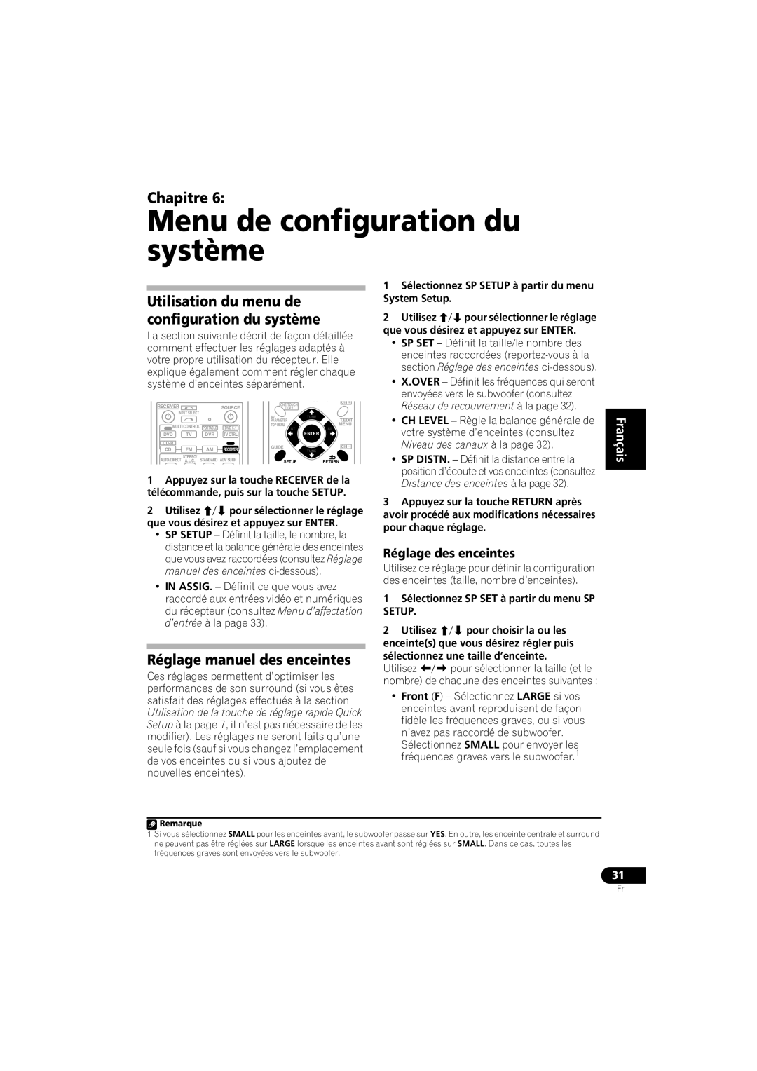 Pioneer VSX-518 manual Menu de configuration du système, Réglage manuel des enceintes, Réglage des enceintes 