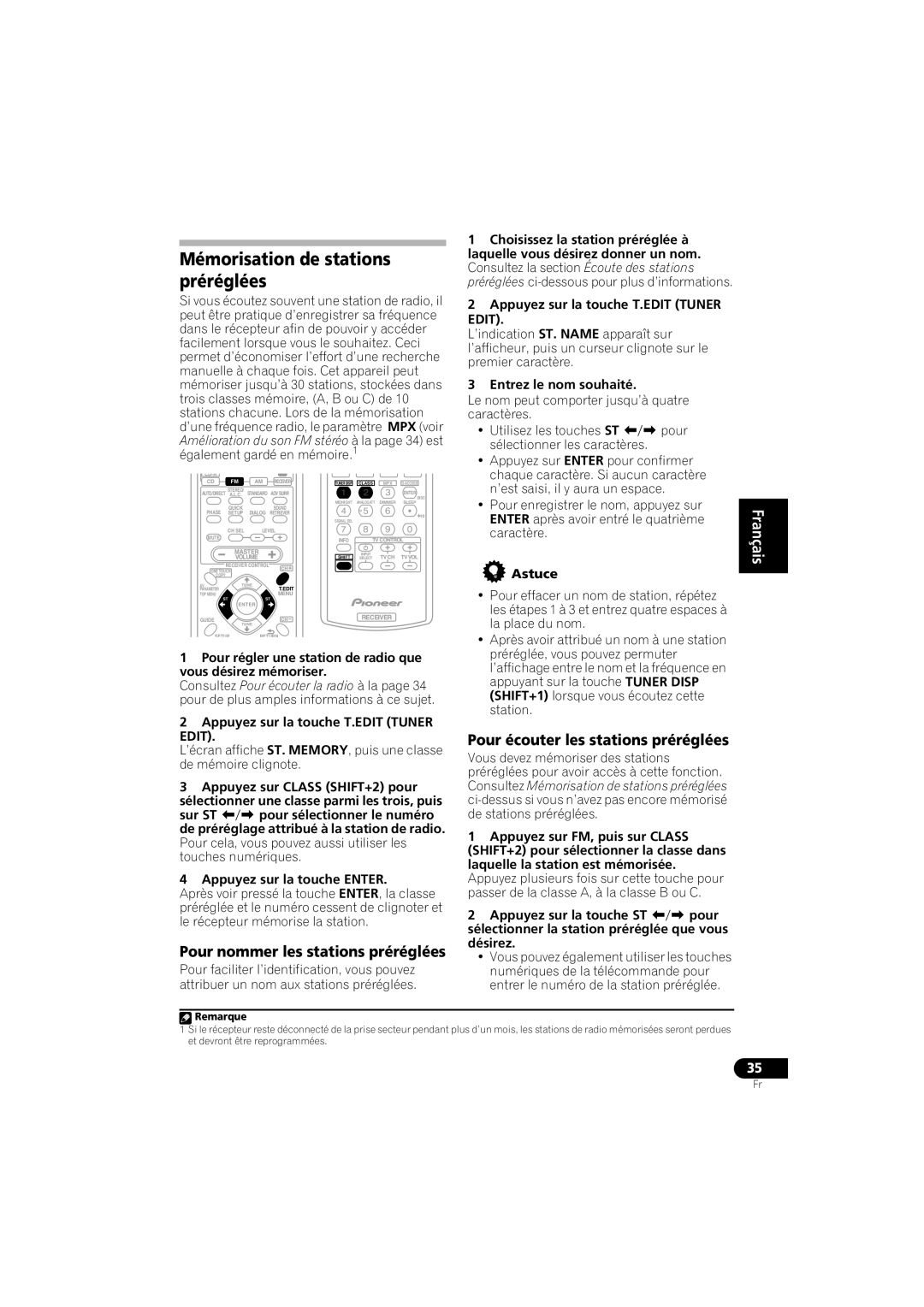 Pioneer VSX-518 manual Mémorisation de stations préréglées, Pour nommer les stations préréglées 