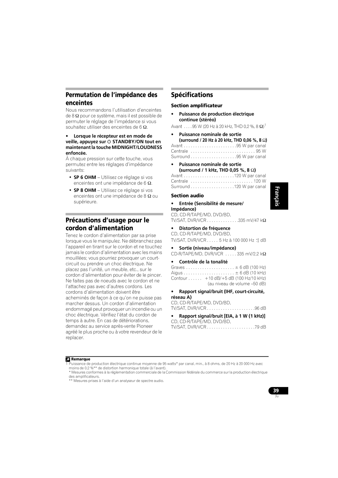 Pioneer VSX-518 Permutation de l’impédance des enceintes, Précautions d’usage pour le cordon d’alimentation, Section audio 