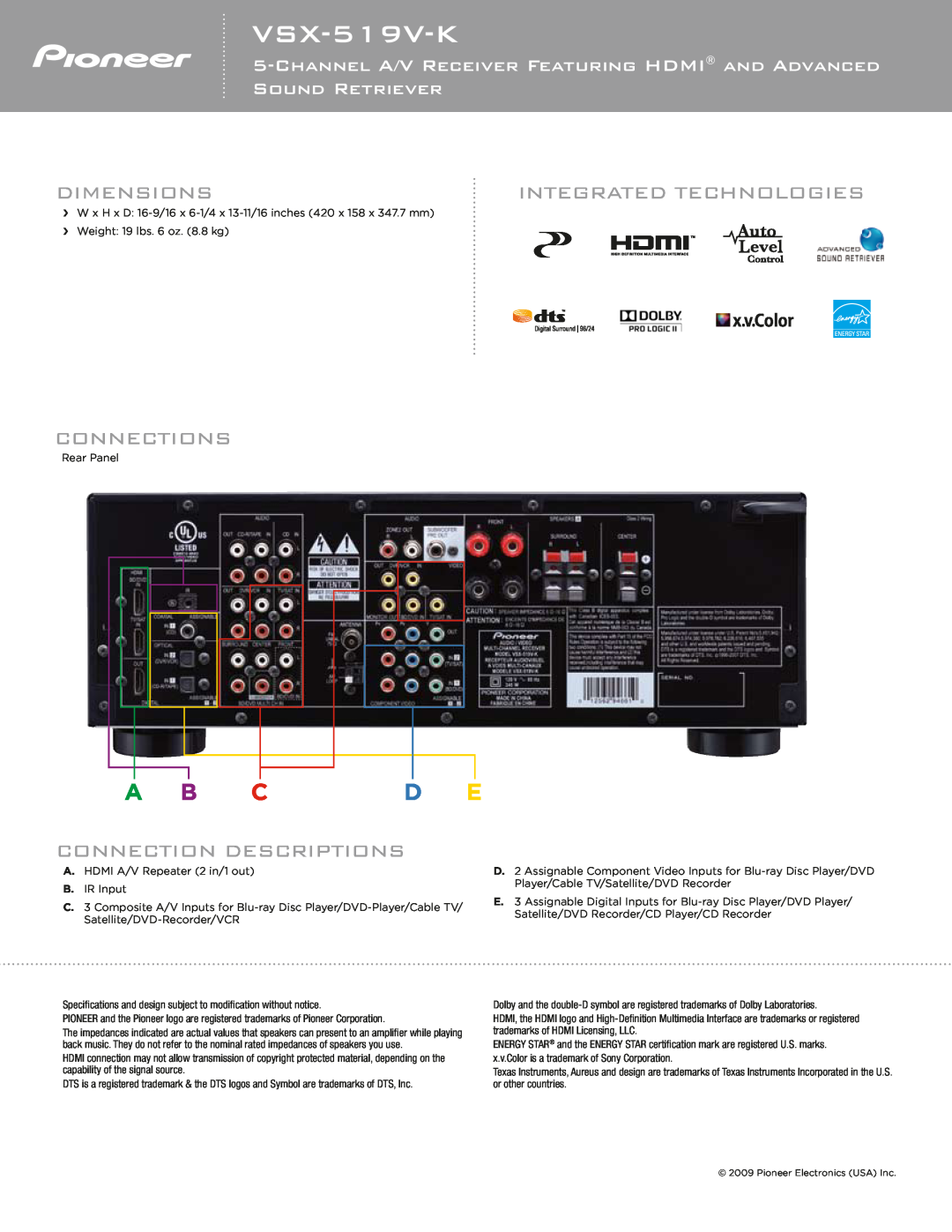 Pioneer VSX-519V-K specifications Dimensions, Integrated Technologies, Connections, Connection Descriptions, A B C D E 