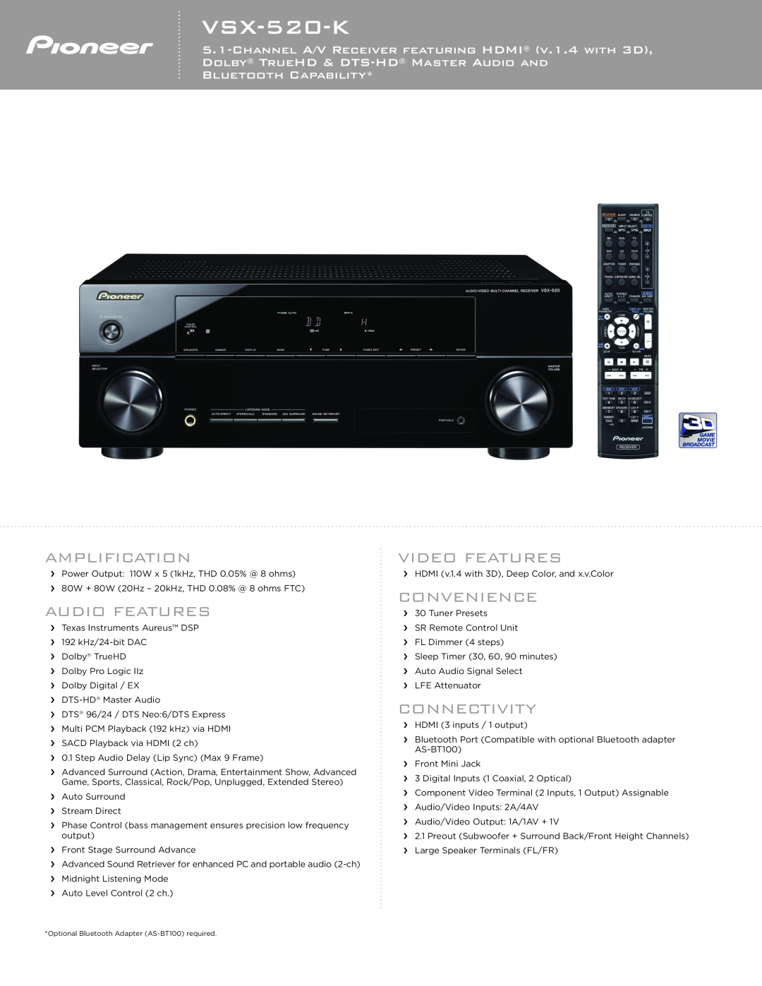 Pioneer VSX-520-K manual Amplification, Audio Features, Video Features, Convenience, Connectivity 
