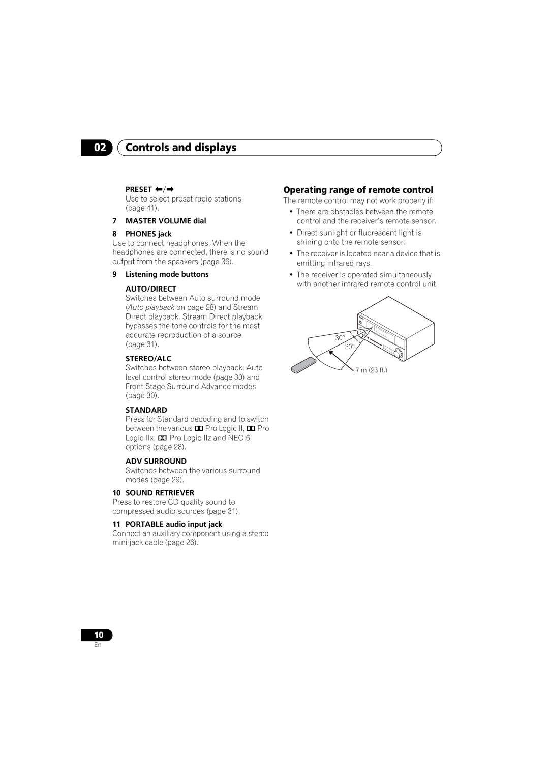 Pioneer VSX-520 manual Controls and displays, Operating range of remote control 