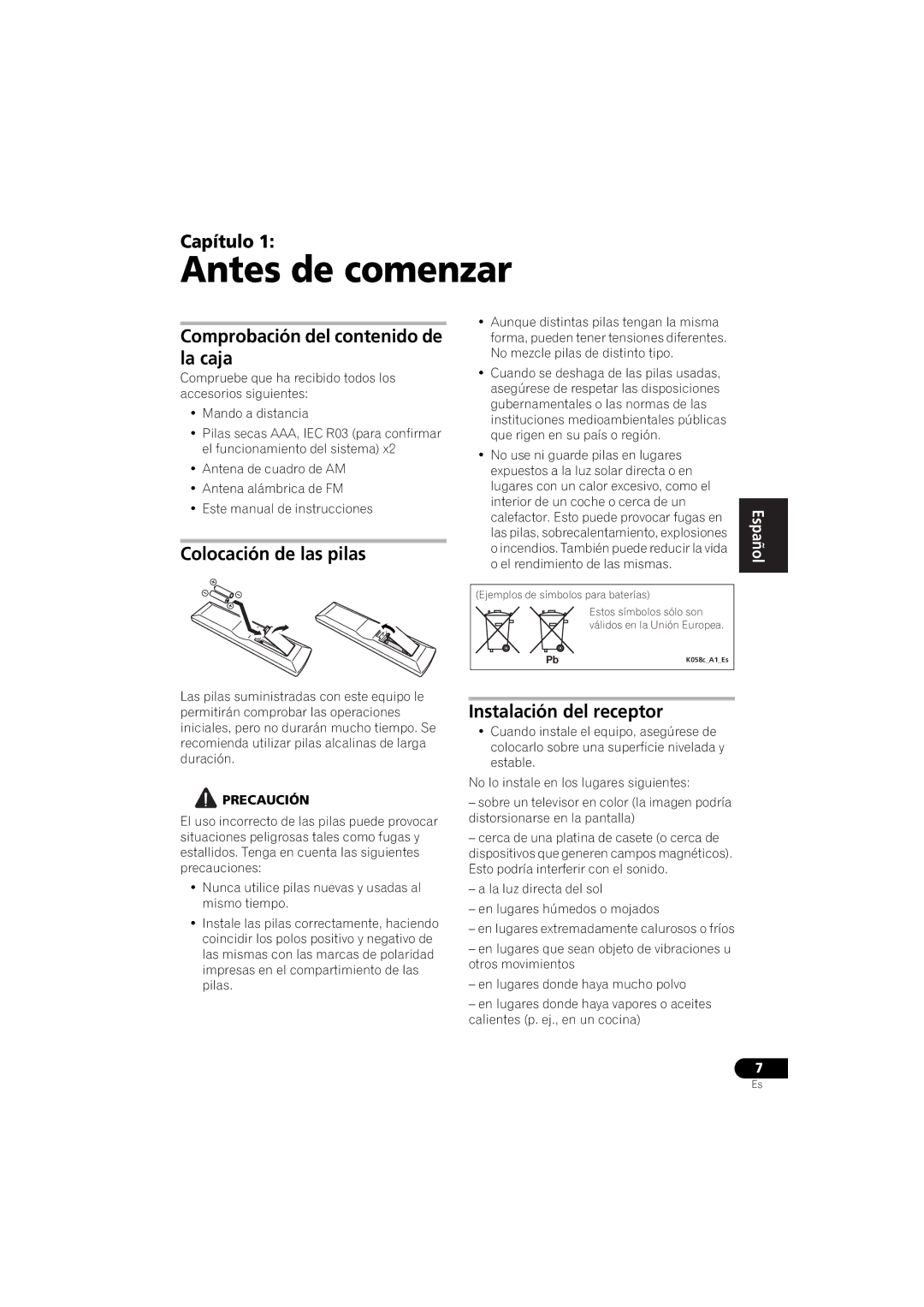 Pioneer VSX-520 manual Antes de comenzar, Capítulo, Comprobación del contenido de la caja, Colocación de las pilas 