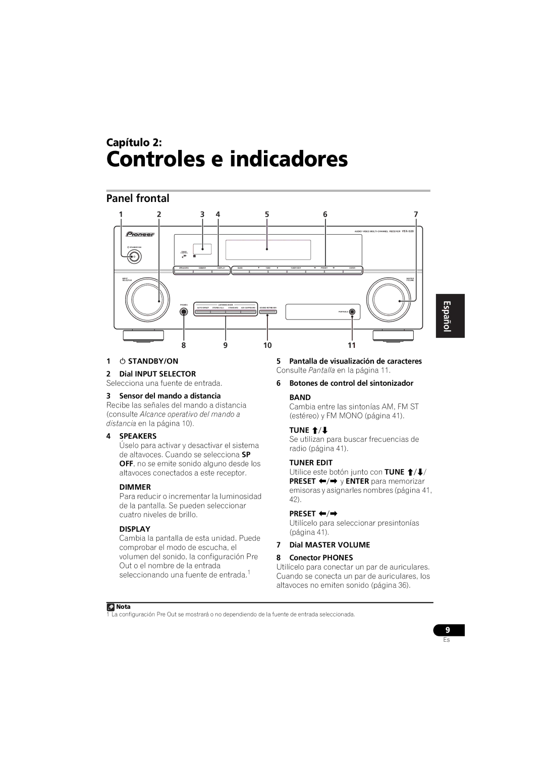 Pioneer VSX-520 manual Controles e indicadores, Panel frontal 