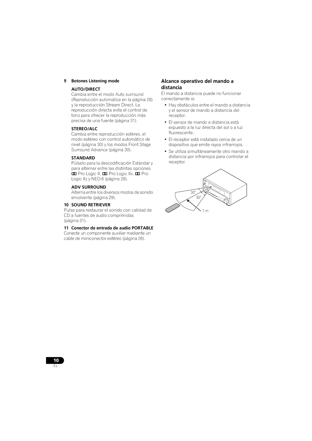 Pioneer VSX-520 manual Alcance operativo del mando a distancia, Botones Listening mode, Cambia entre el modo Auto surround 