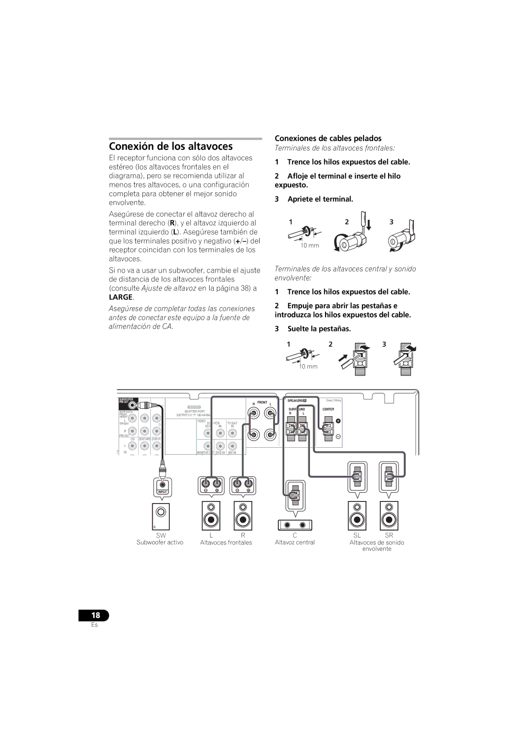 Pioneer VSX-520 manual Conexión de los altavoces, Conexiones de cables pelados, Large, Trence los hilos expuestos del cable 