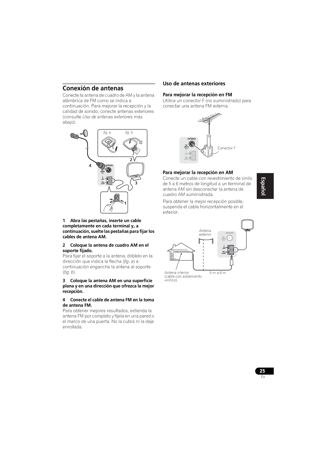 Pioneer VSX-520 manual Conexión de antenas, Uso de antenas exteriores, Para mejorar la recepción en FM 