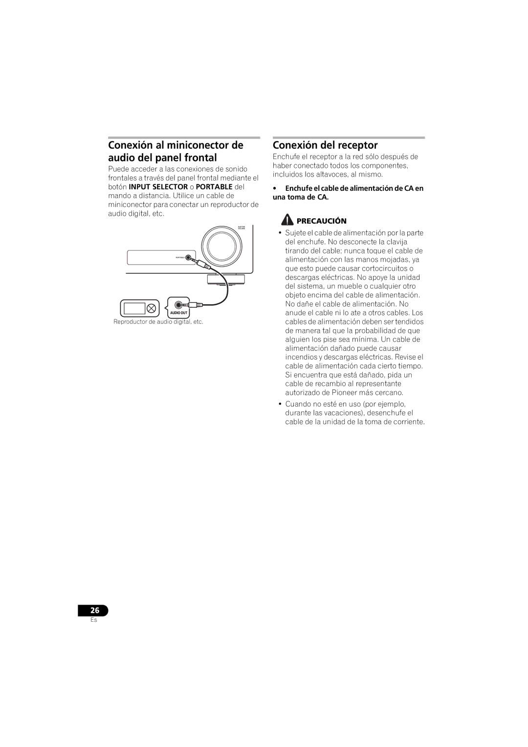 Pioneer VSX-520 manual Conexión al miniconector de audio del panel frontal, Conexión del receptor 