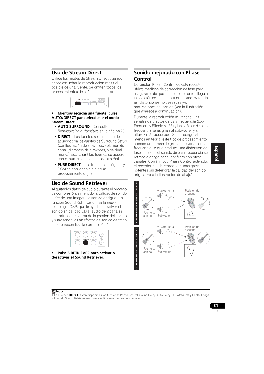 Pioneer VSX-520 manual Uso de Stream Direct, Sonido mejorado con Phase Control, Uso de Sound Retriever 