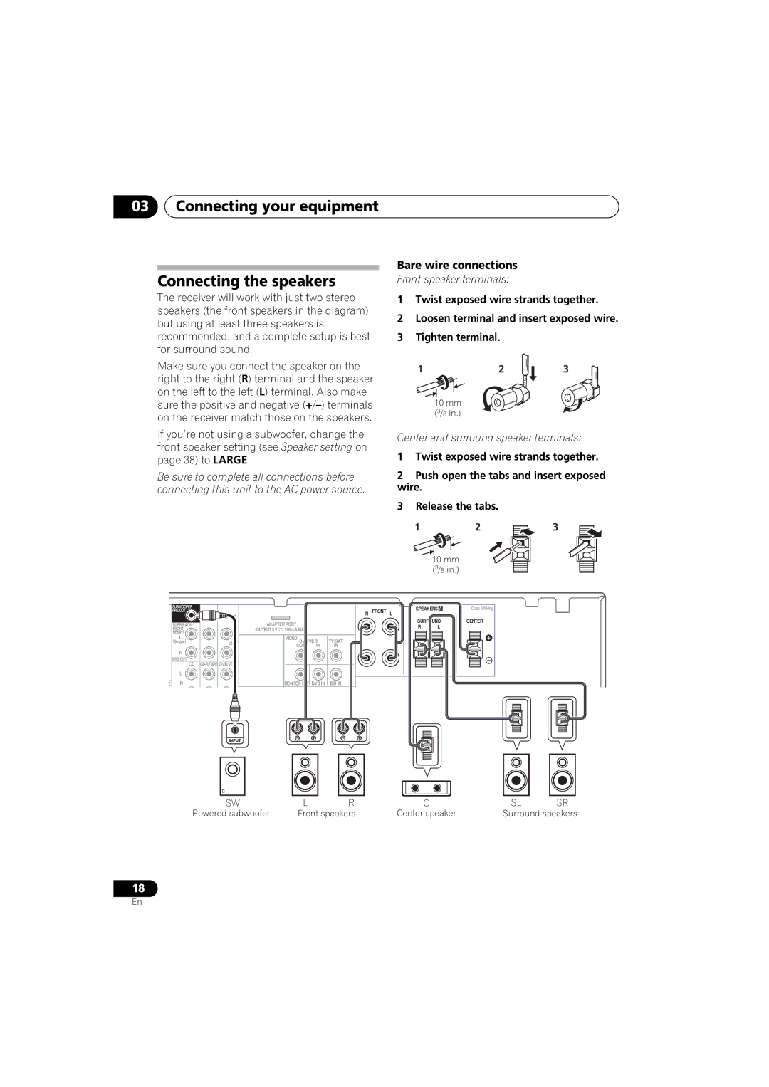 Pioneer VSX-520 manual Connecting your equipment Connecting the speakers, Bare wire connections, Front speaker terminals 