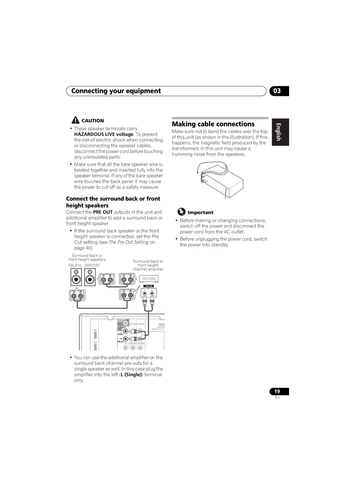 Pioneer VSX-520 manual Making cable connections, Connect the surround back or front height speakers 