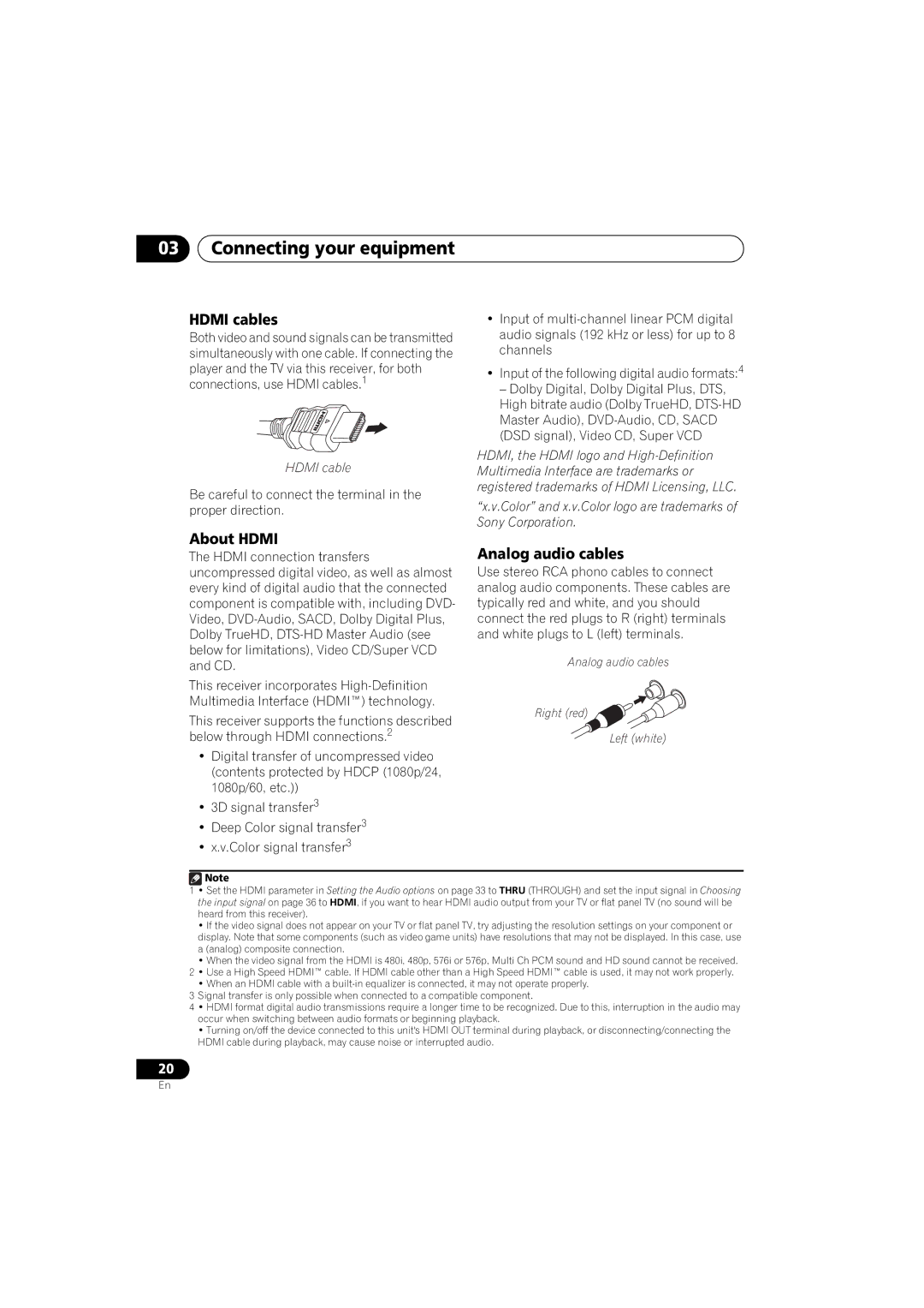 Pioneer VSX-520 Hdmi cables, About Hdmi, Analog audio cables, Color and x.v.Color logo are trademarks of Sony Corporation 