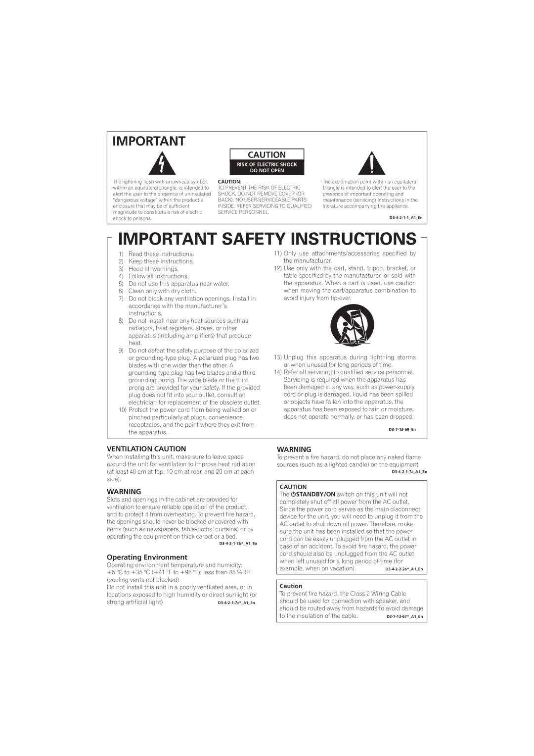 Pioneer VSX-520 manual Ventilation Caution 