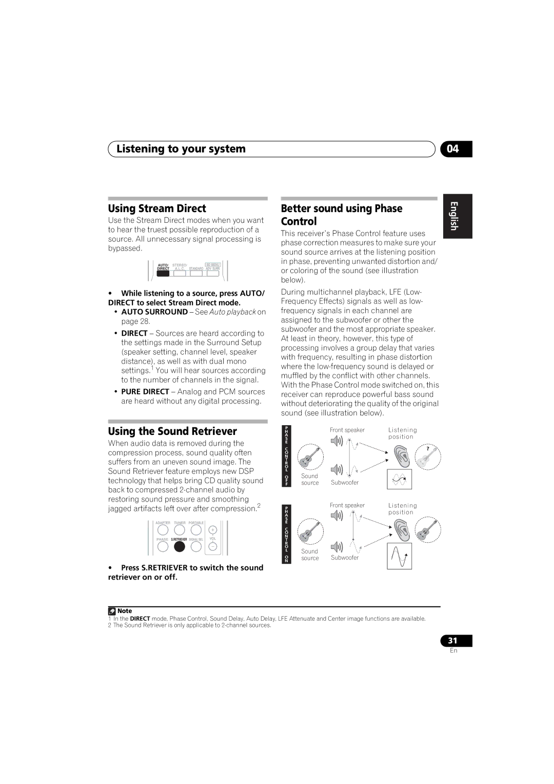 Pioneer VSX-520 Listening to your system Using Stream Direct, Better sound using Phase Control, Using the Sound Retriever 