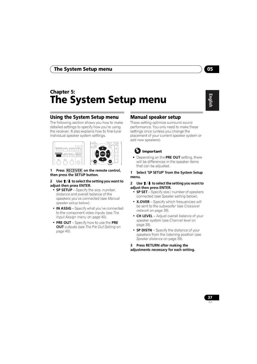 Pioneer VSX-520 manual System Setup menu Chapter, Using the System Setup menu, Manual speaker setup 