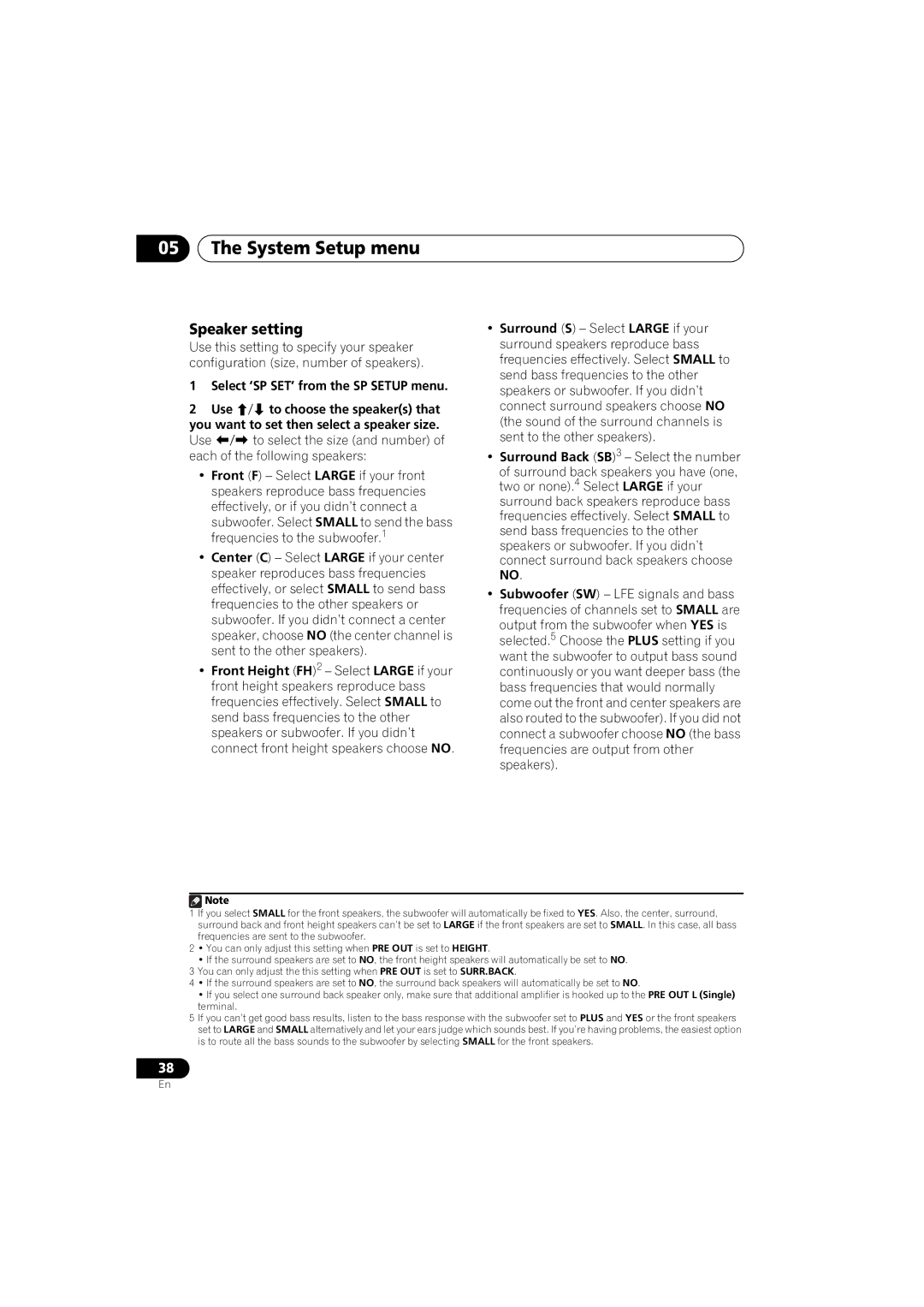 Pioneer VSX-520 manual System Setup menu, Speaker setting 