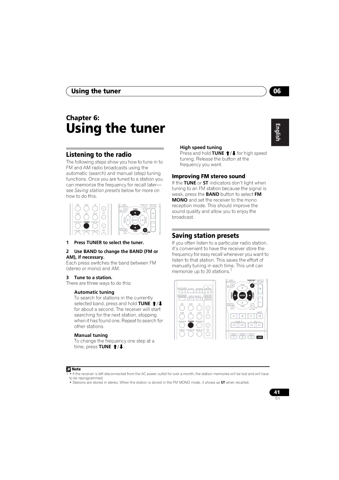 Pioneer VSX-520 Using the tuner Chapter, Listening to the radio, Saving station presets, Improving FM stereo sound 