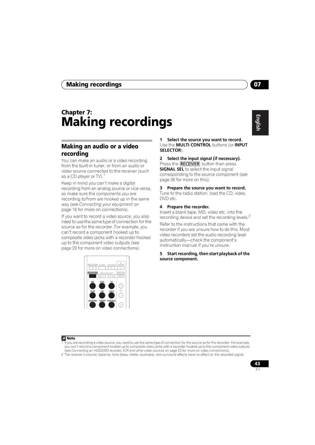 Pioneer VSX-520 manual Making recordings Chapter, Making an audio or a video recording 