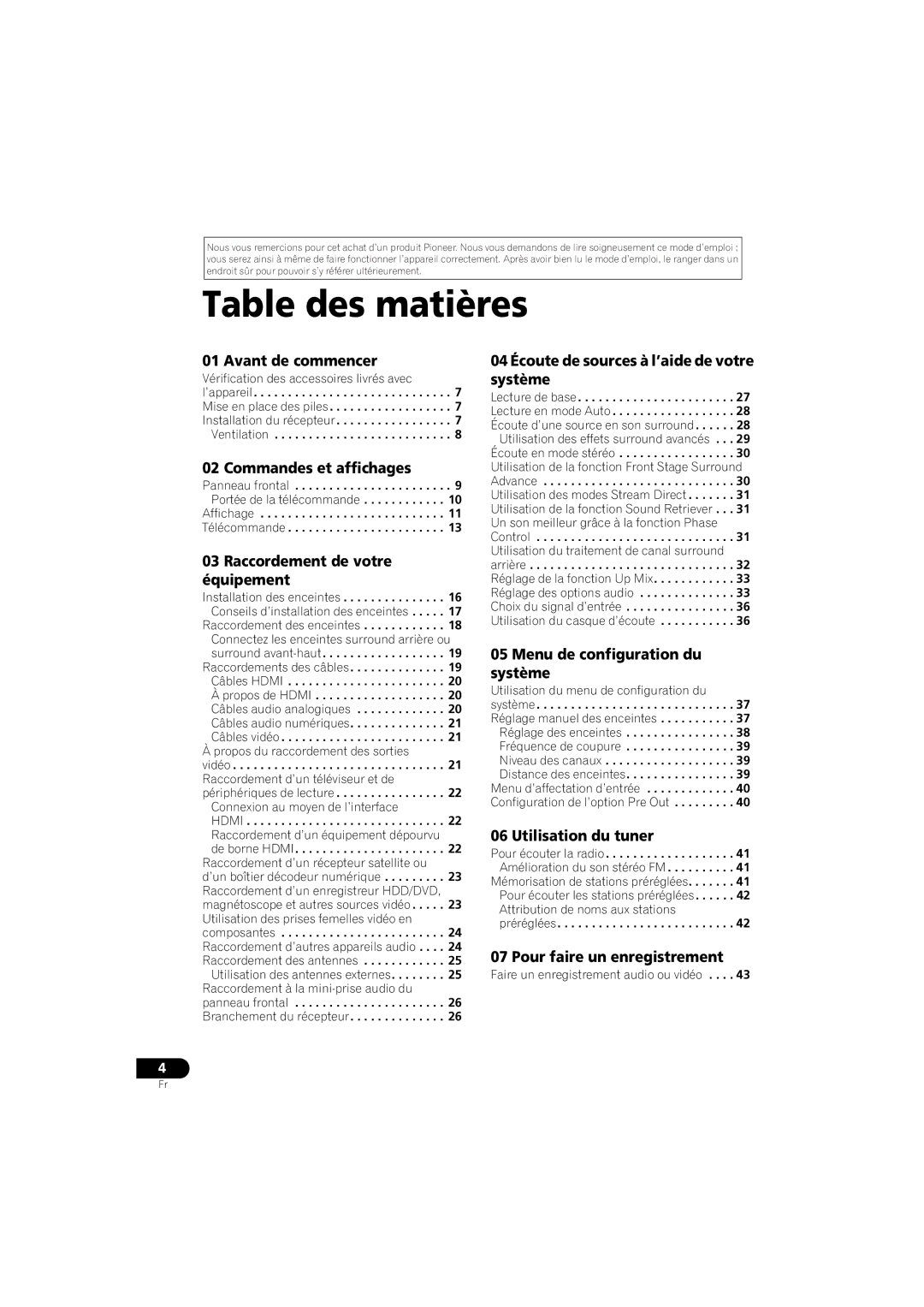 Pioneer VSX-520 manual Table des matières 