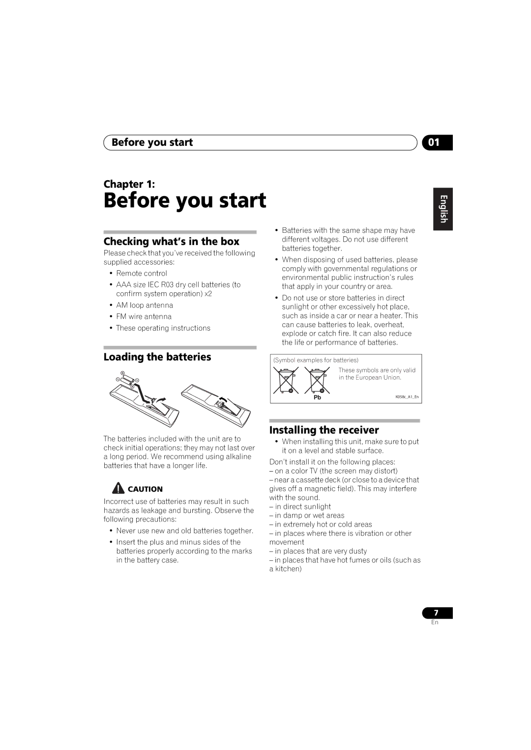 Pioneer VSX-520 Before you start Chapter, Checking what’s in the box, Loading the batteries, Installing the receiver 