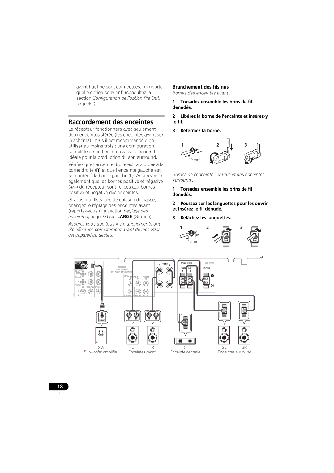 Pioneer VSX-520 manual Raccordement des enceintes, Branchement des fils nus, Bornes des enceintes avant 