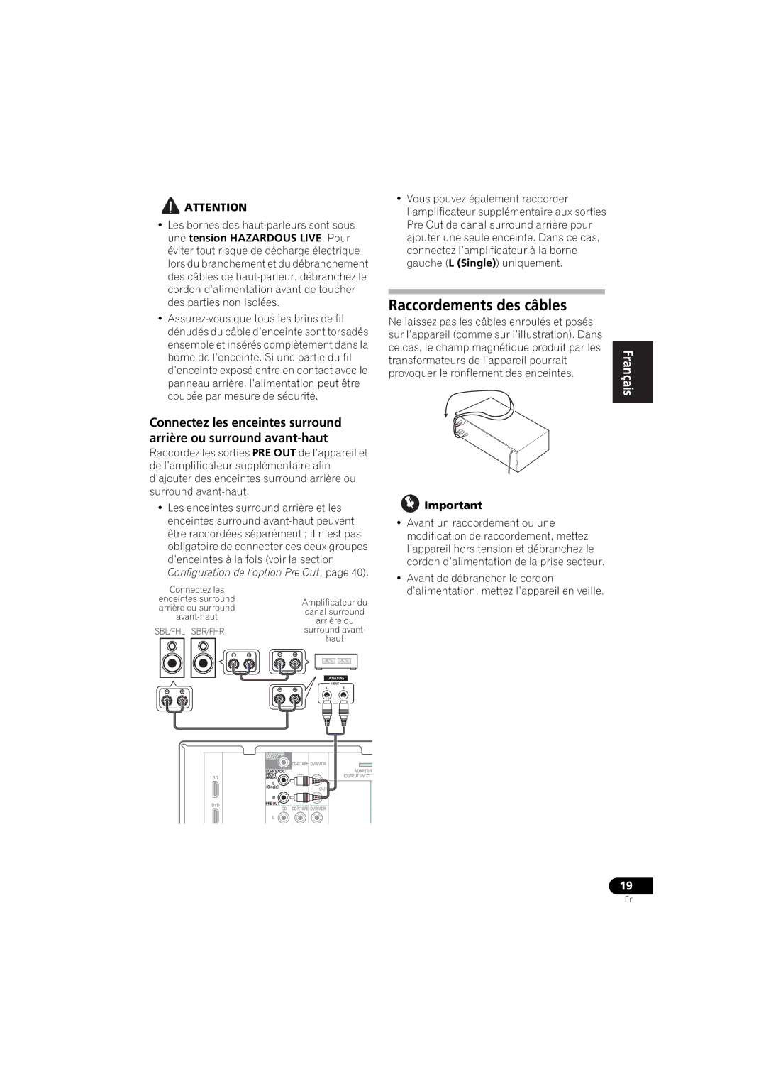 Pioneer VSX-520 manual Raccordements des câbles, Français 