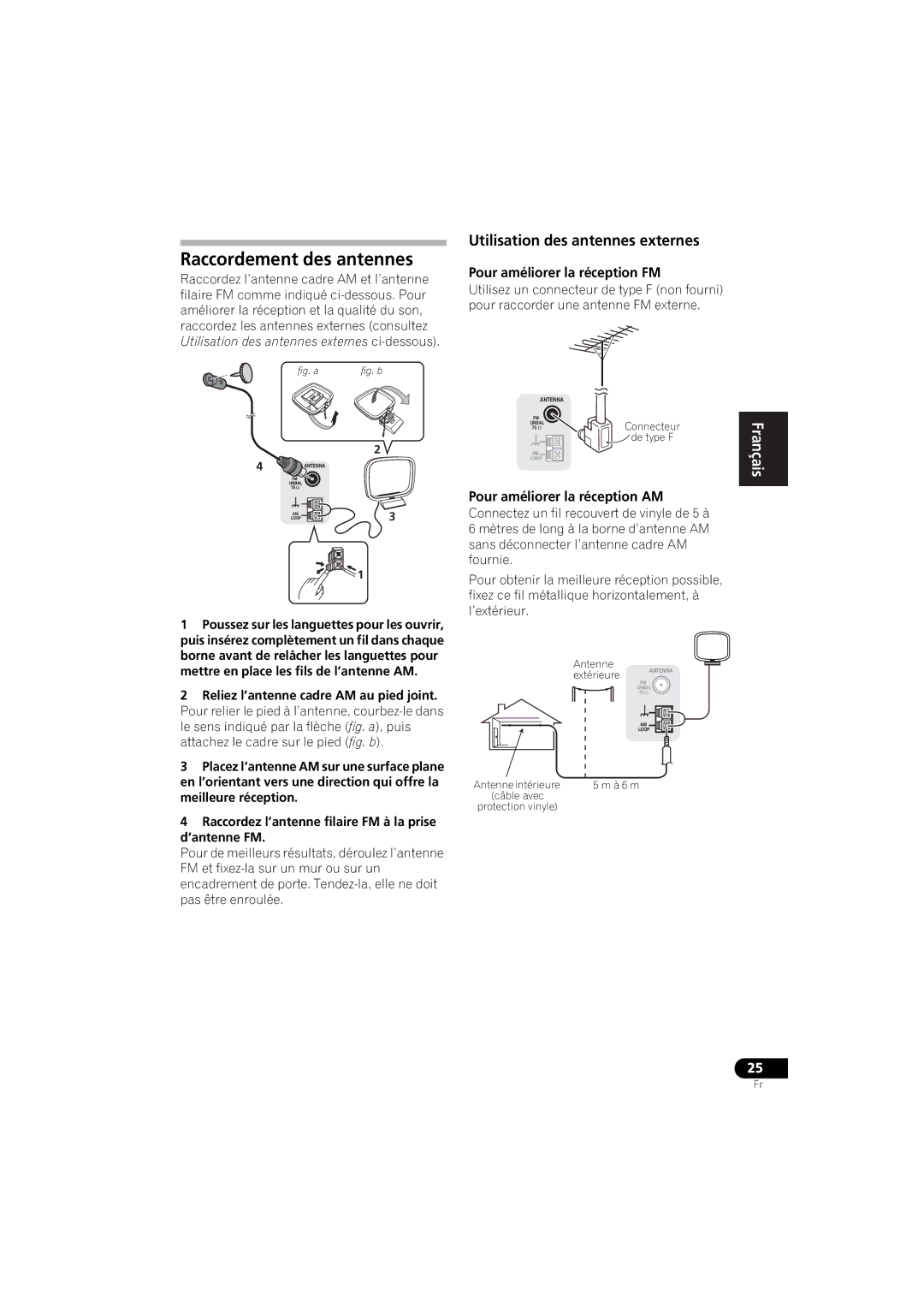 Pioneer VSX-520 manual Raccordement des antennes, Utilisation des antennes externes, Pour améliorer la réception FM 