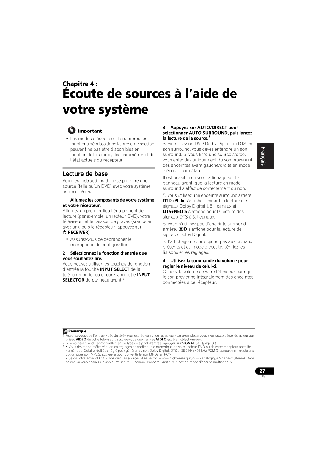 Pioneer VSX-520 manual Écoute de sources à l’aide de votre système, Lecture de base 