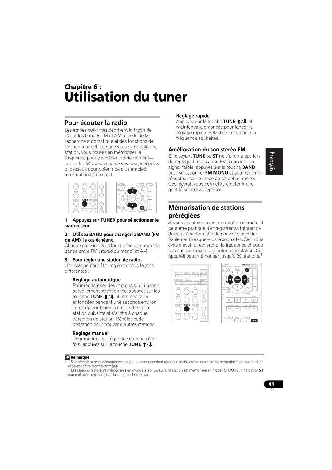 Pioneer VSX-520 manual Utilisation du tuner, Pour écouter la radio, Mémorisation de stations Préréglées 