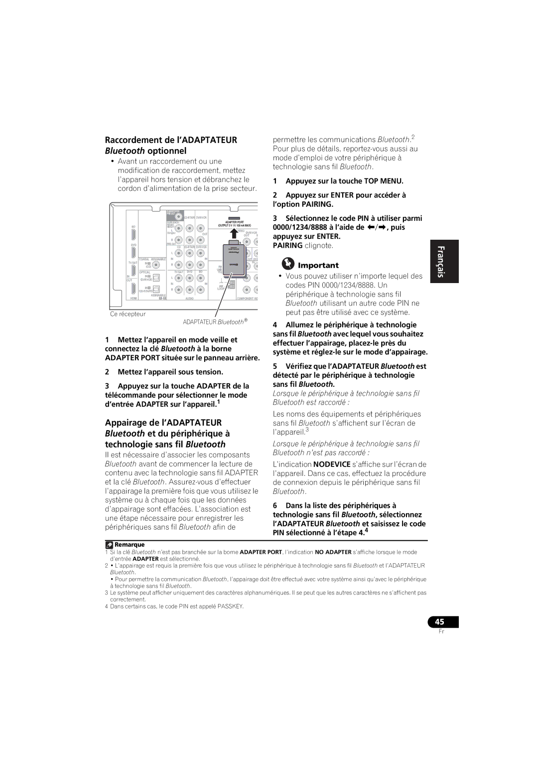 Pioneer VSX-520 manual Raccordement de l’ADAPTATEUR Bluetooth optionnel 