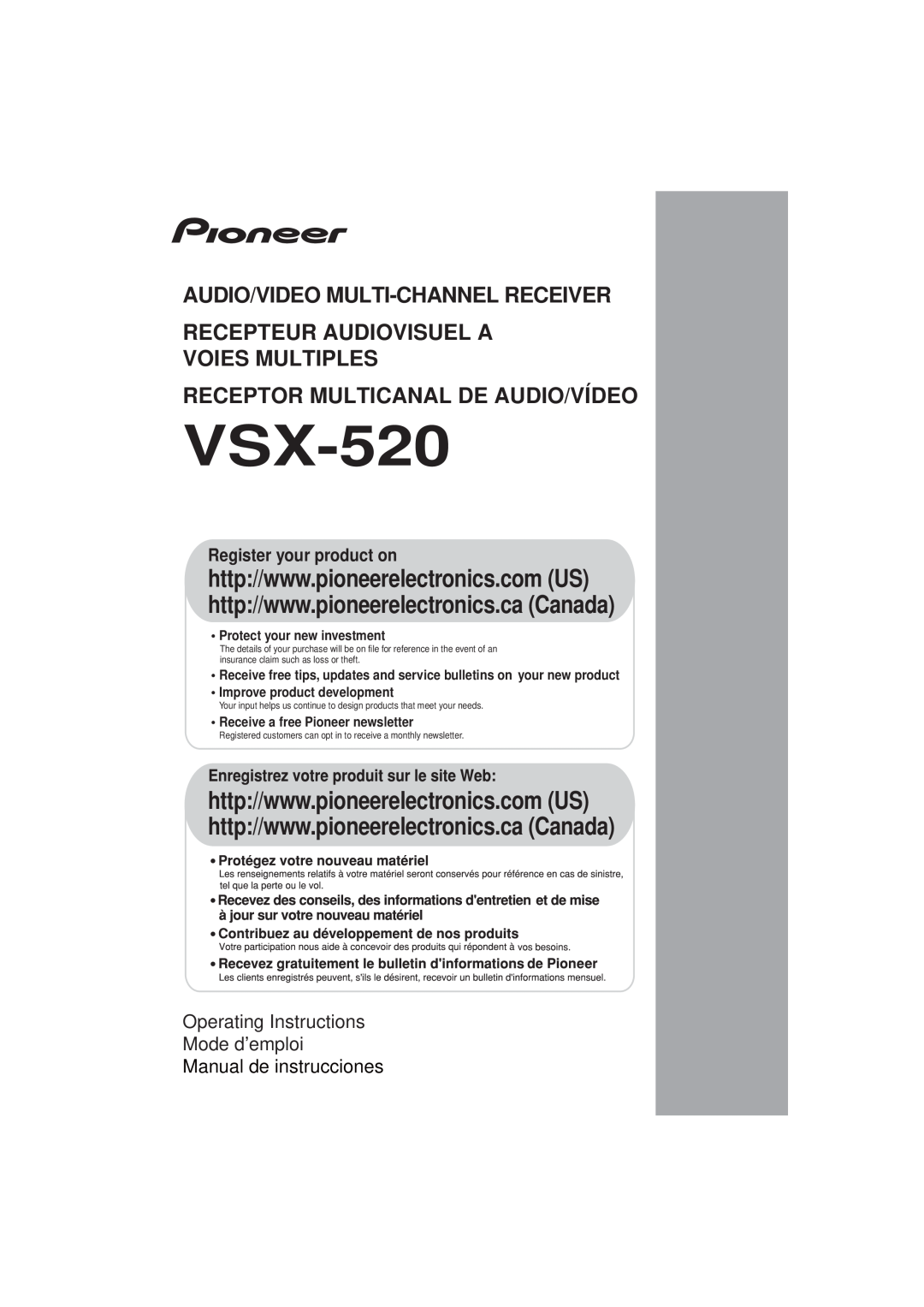 Pioneer VSX-520 manual Audio/Video Multi-Channelreceiver, Recepteur Audiovisuel A Voies Multiples 