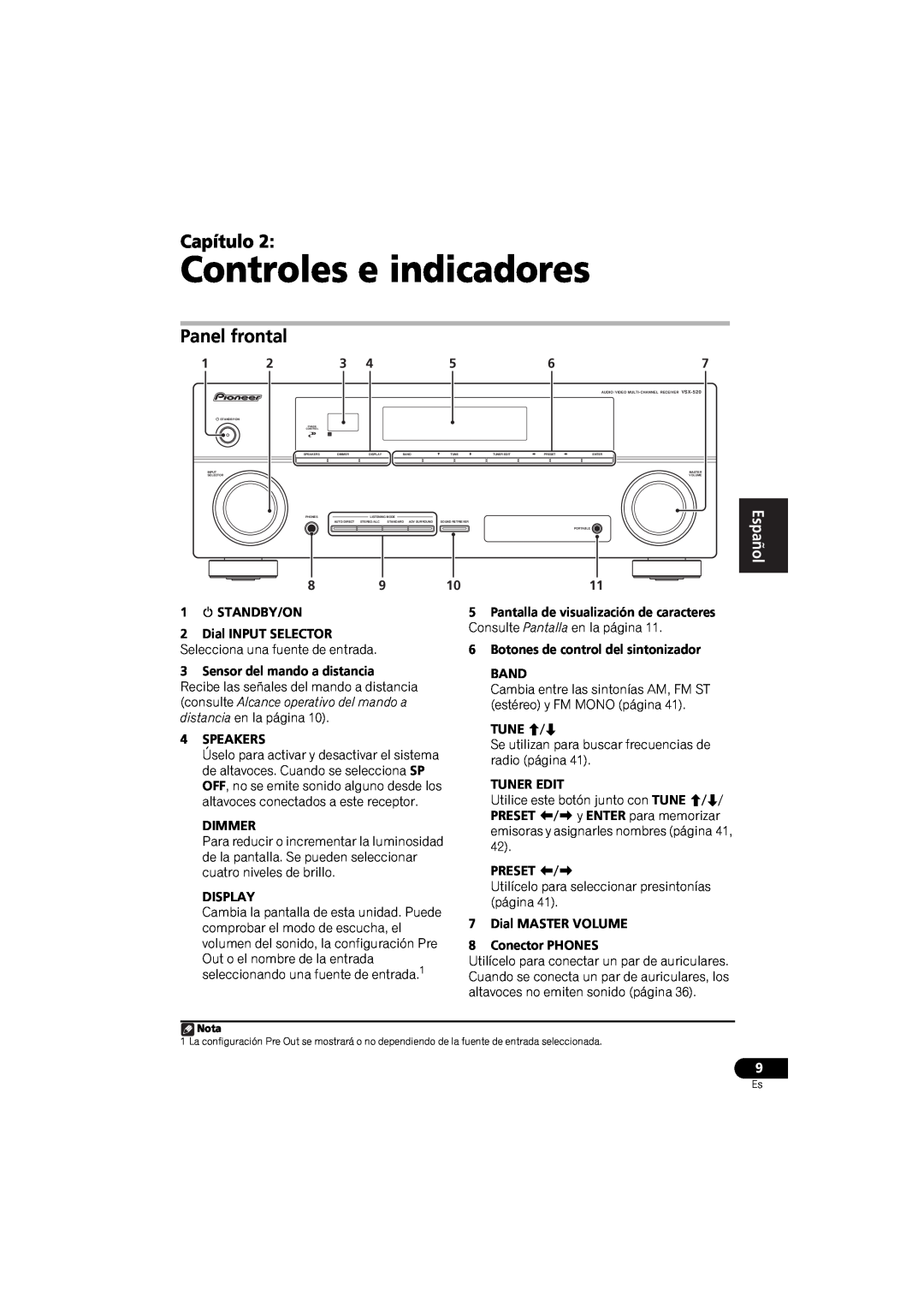 Pioneer VSX-520 manual Controles e indicadores, Capítulo, Panel frontal, English, Français, Español 