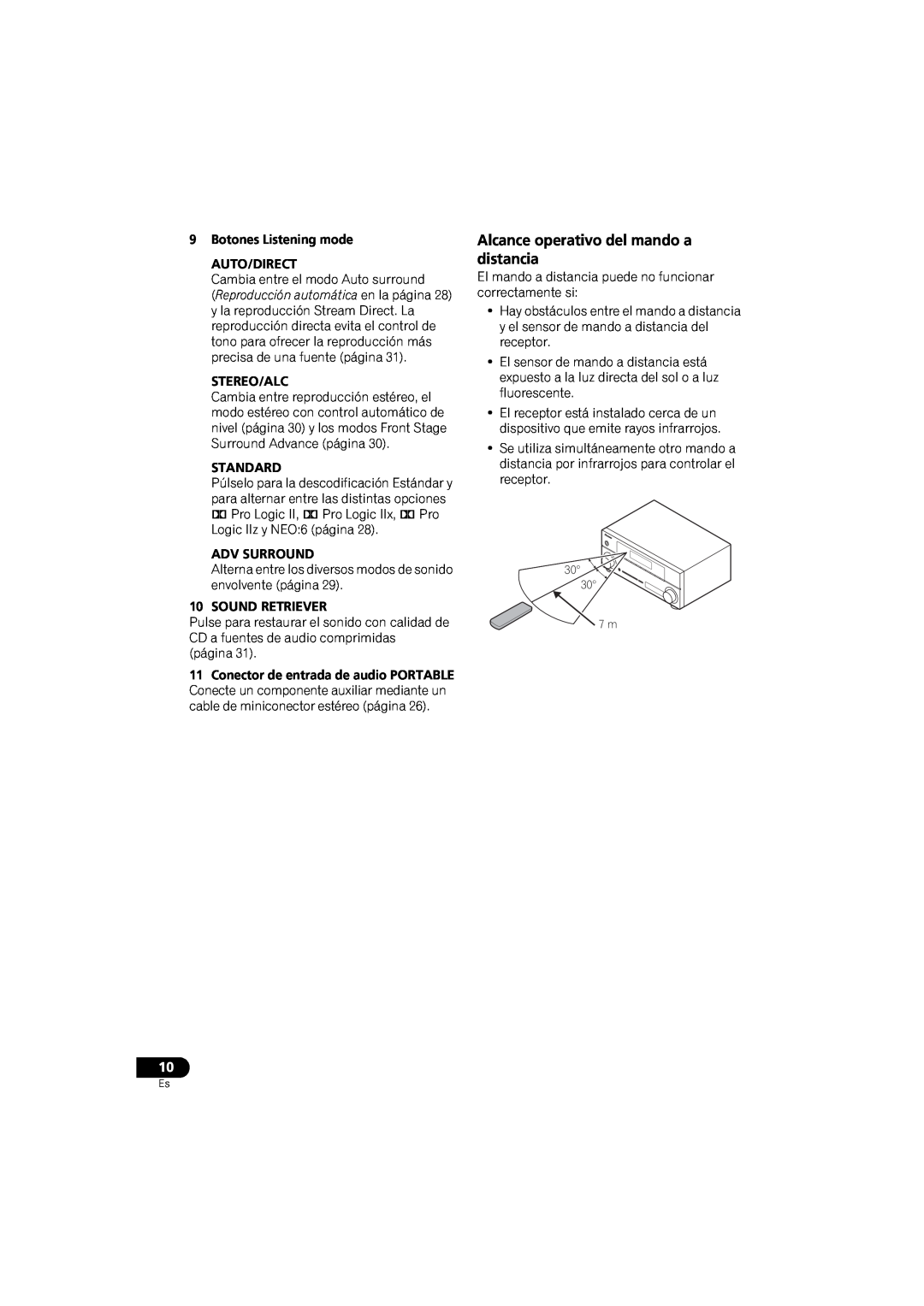 Pioneer VSX-520 manual Alcance operativo del mando a distancia, 9Botones Listening mode AUTO/DIRECT, Stereo/Alc, Standard 