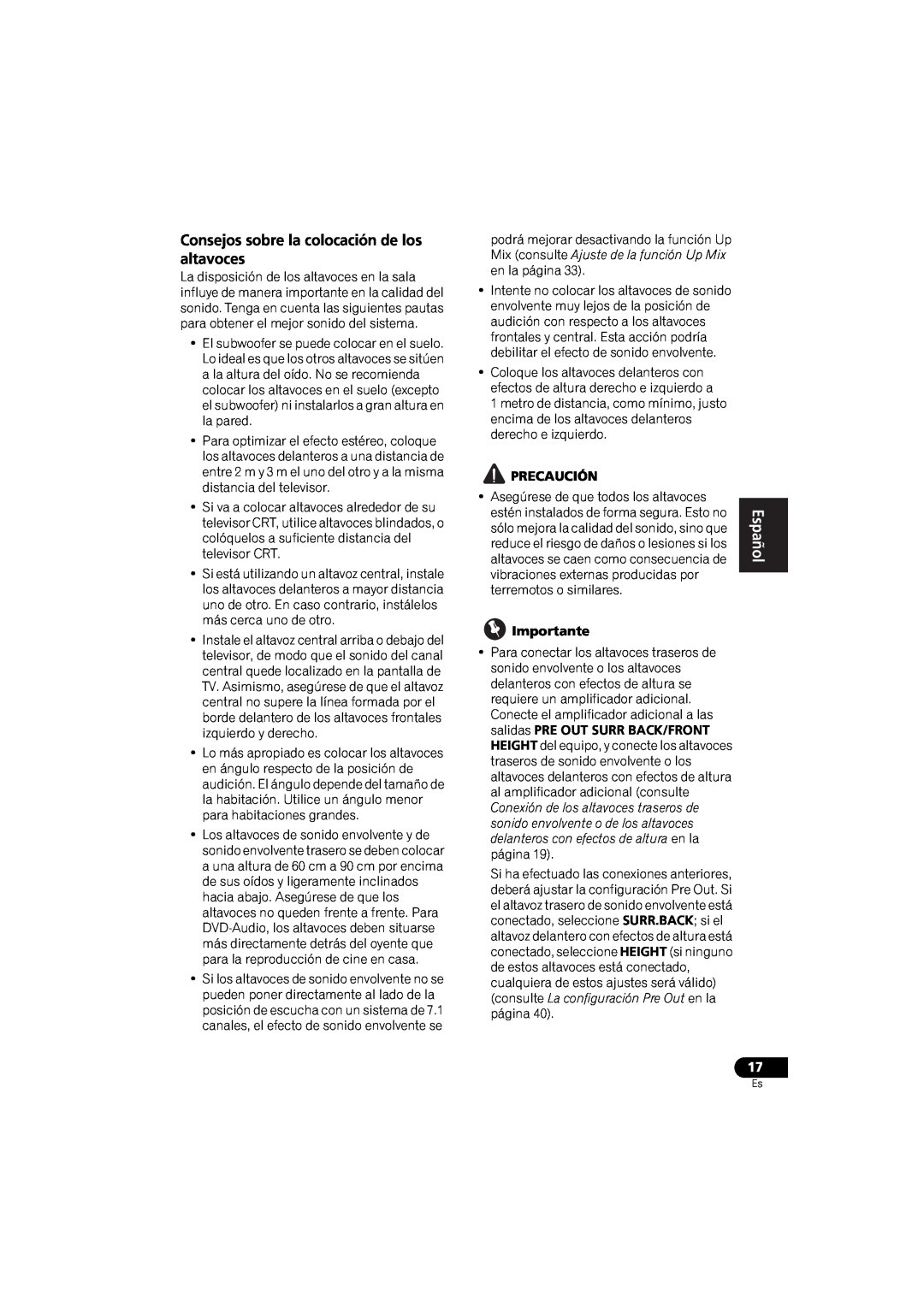 Pioneer VSX-520 manual Consejos sobre la colocación de los altavoces, Precaución, Importante 
