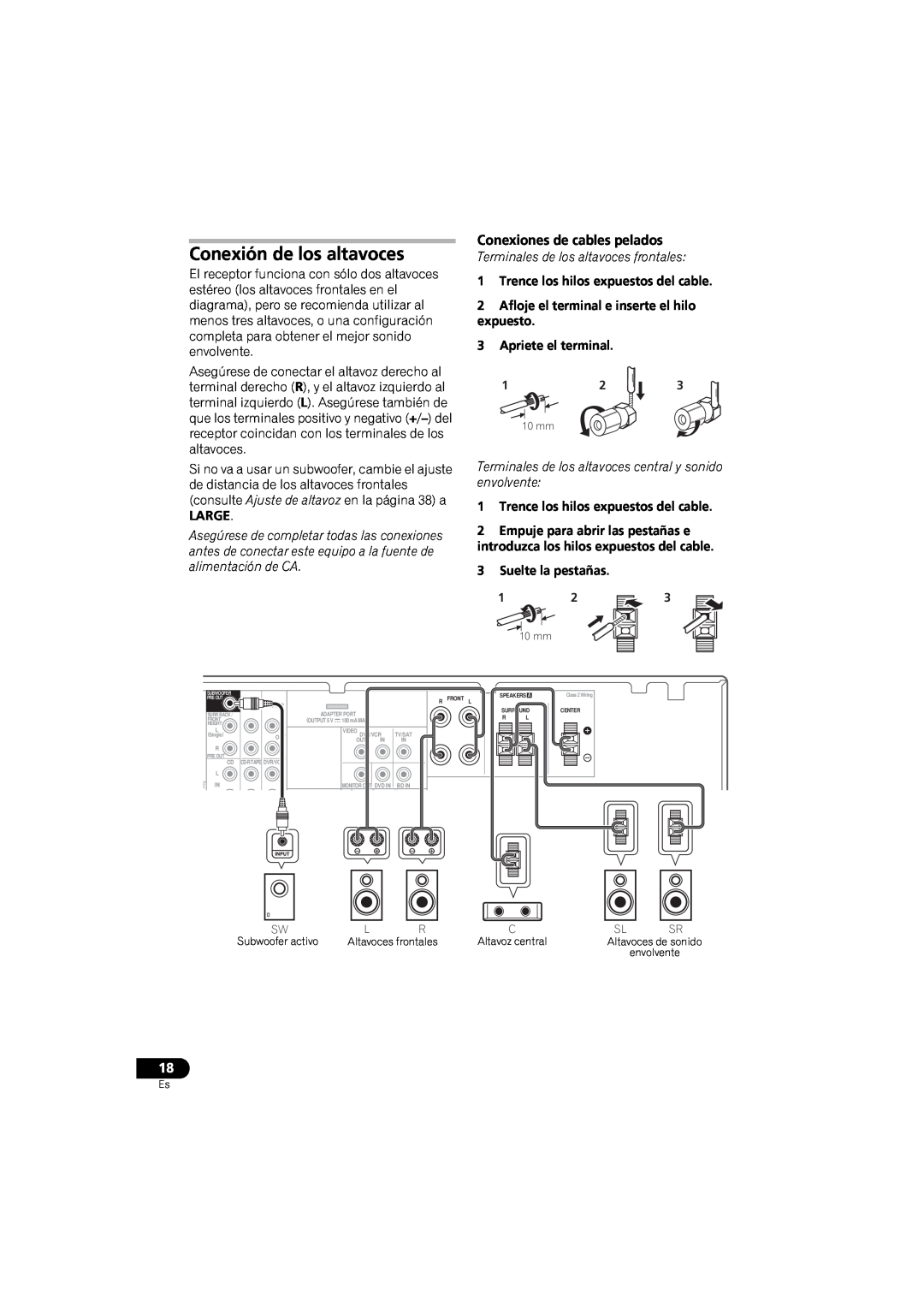 Pioneer VSX-520 manual Conexión de los altavoces, Conexiones de cables pelados 
