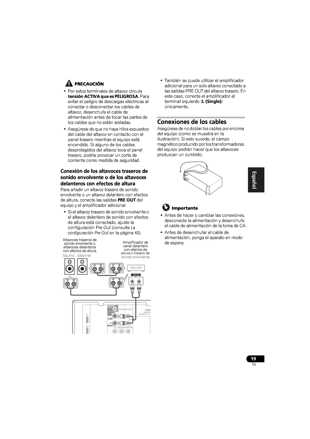 Pioneer VSX-520 manual Conexiones de los cables, English, Español 