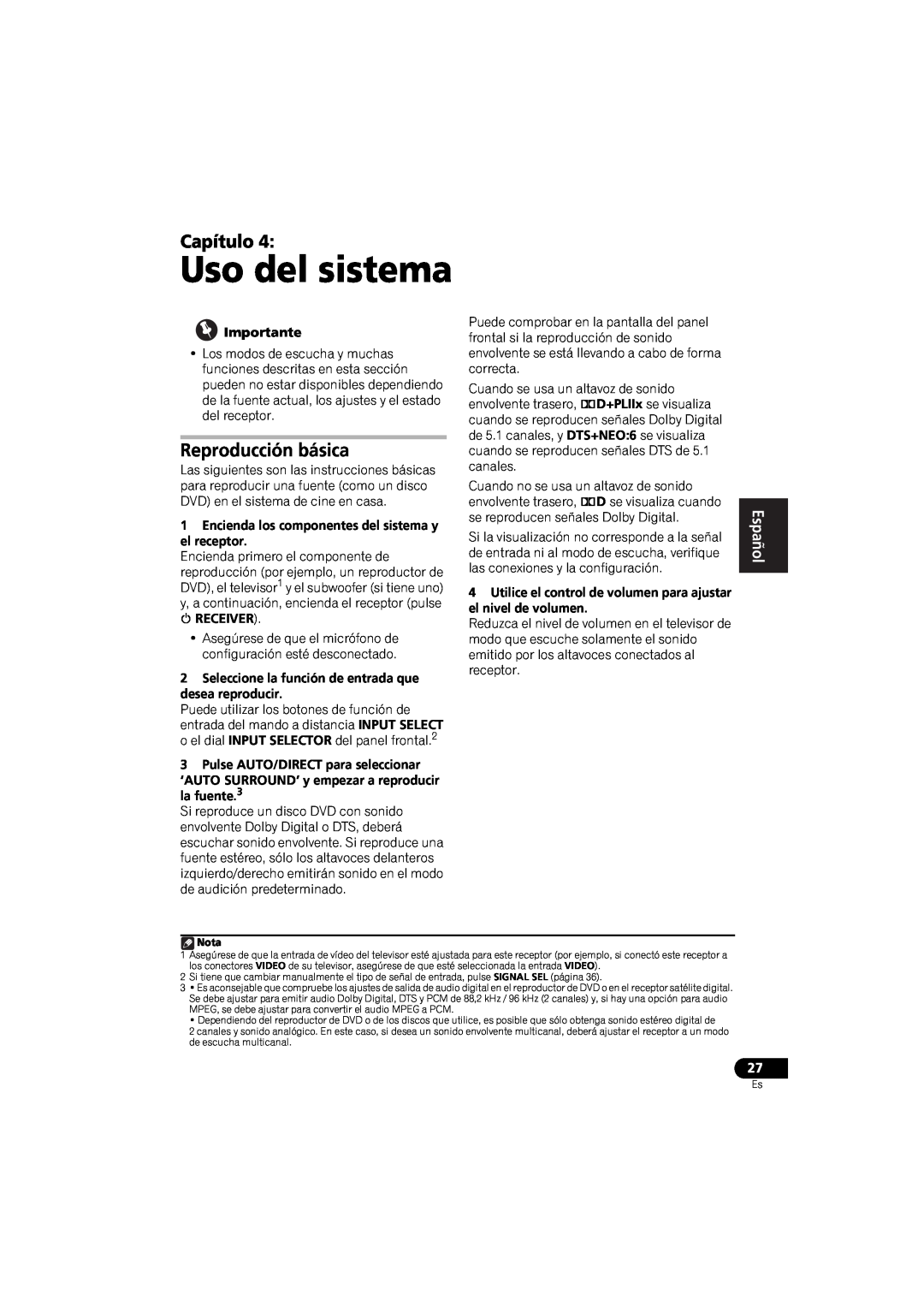 Pioneer VSX-520 manual Uso del sistema, Capítulo, Reproducción básica, English, Français, Español 