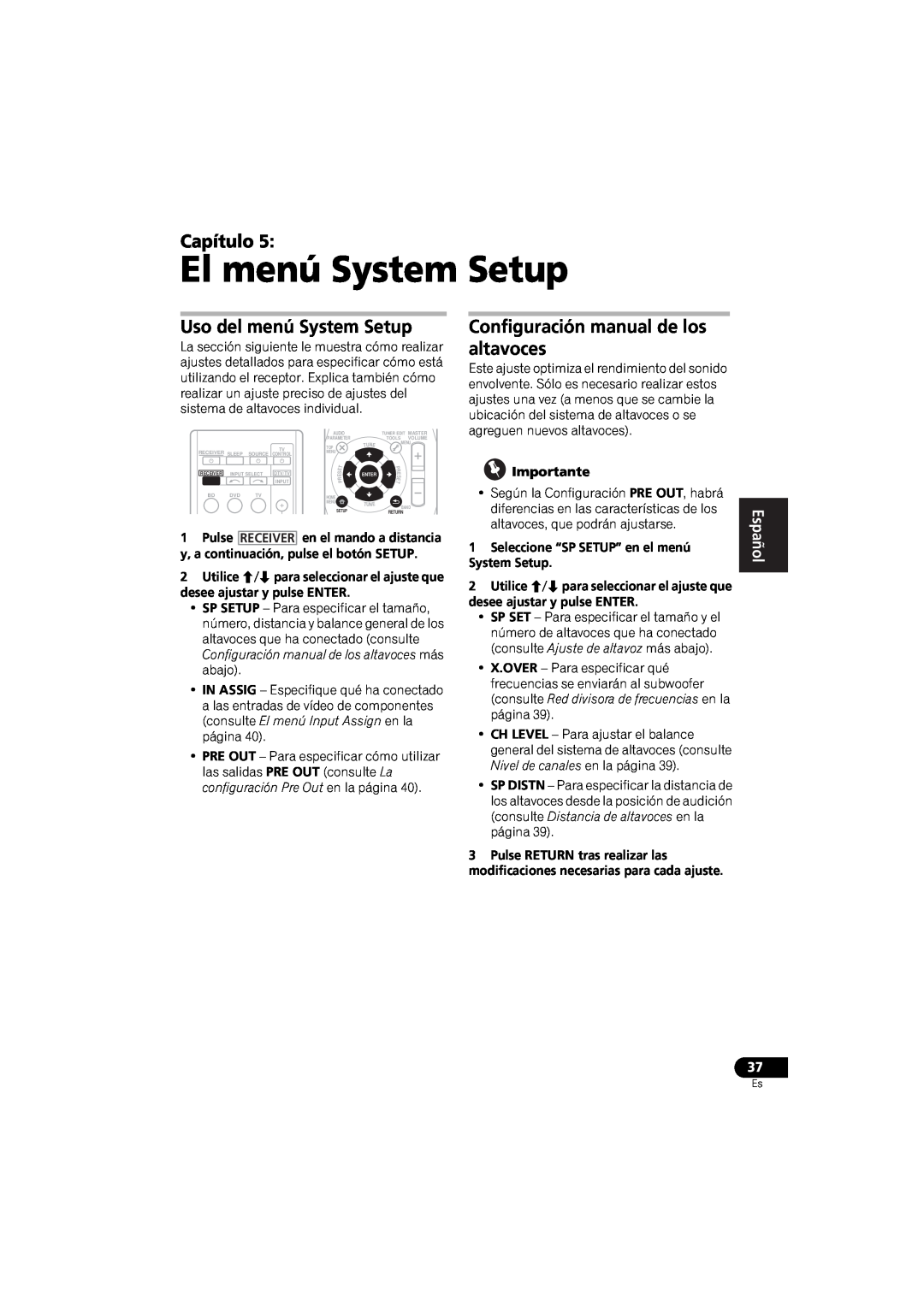 Pioneer VSX-520 El menú System Setup, Capítulo, Uso del menú System Setup, Configuración manual de los altavoces, English 
