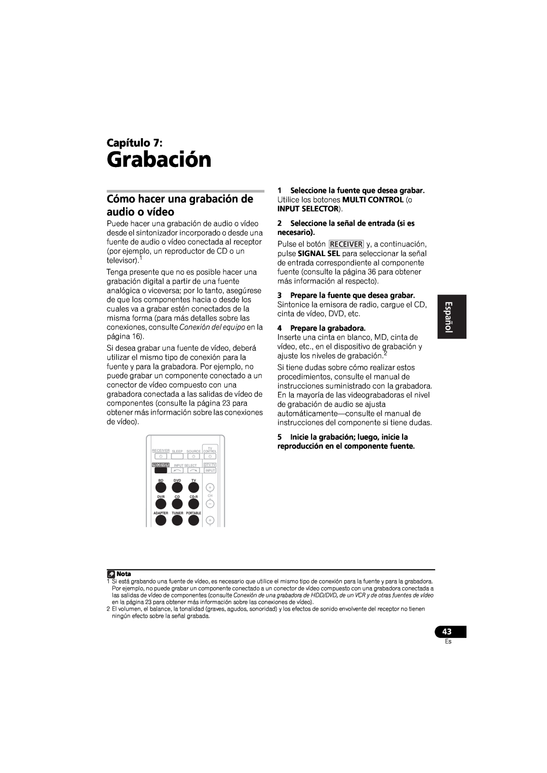 Pioneer VSX-520 manual Grabación, Capítulo, Cómo hacer una grabación de audio o vídeo, Español 