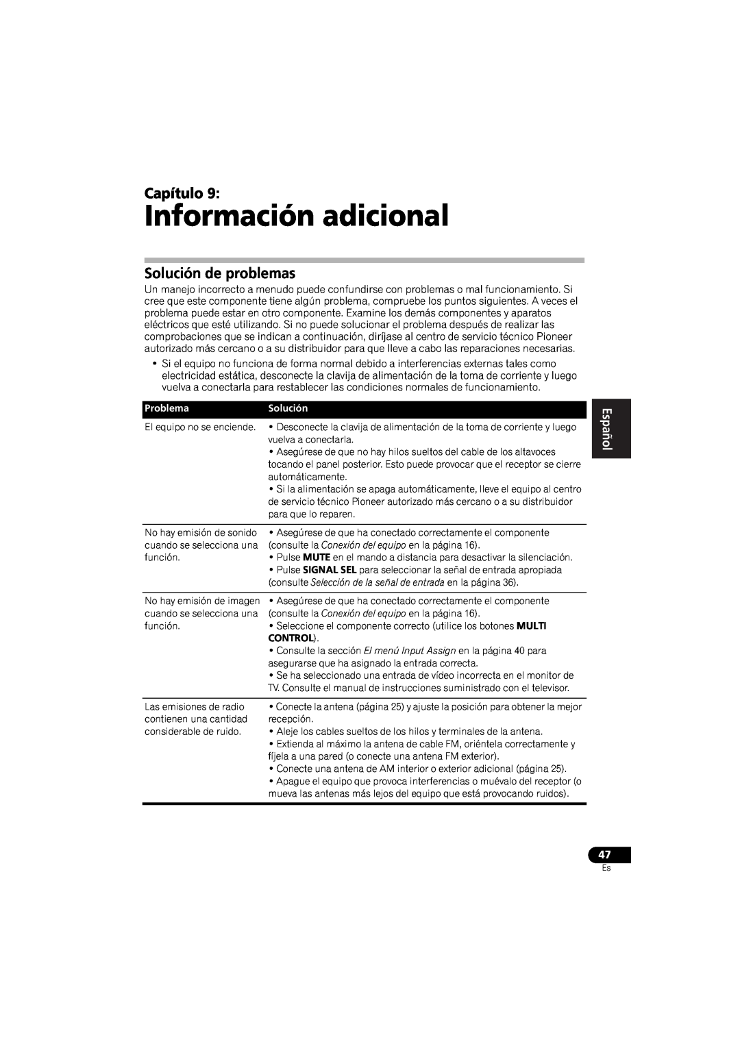 Pioneer VSX-520 manual Información adicional, Capítulo, Solución de problemas, English, Français, Español, Problema 