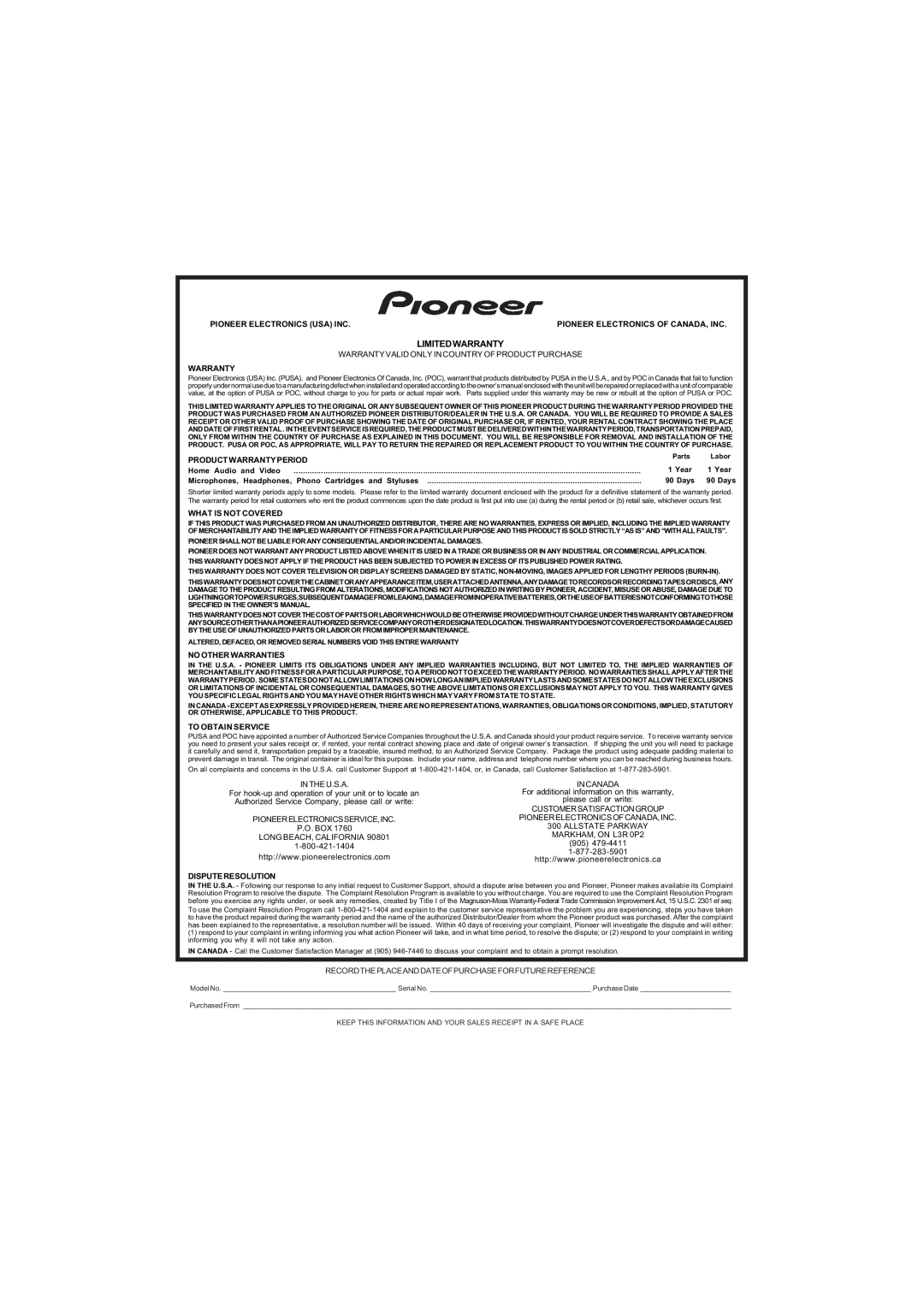 Pioneer VSX-520 manual Limitedwarranty, Recordtheplaceanddateofpurchaseforfuturereference 