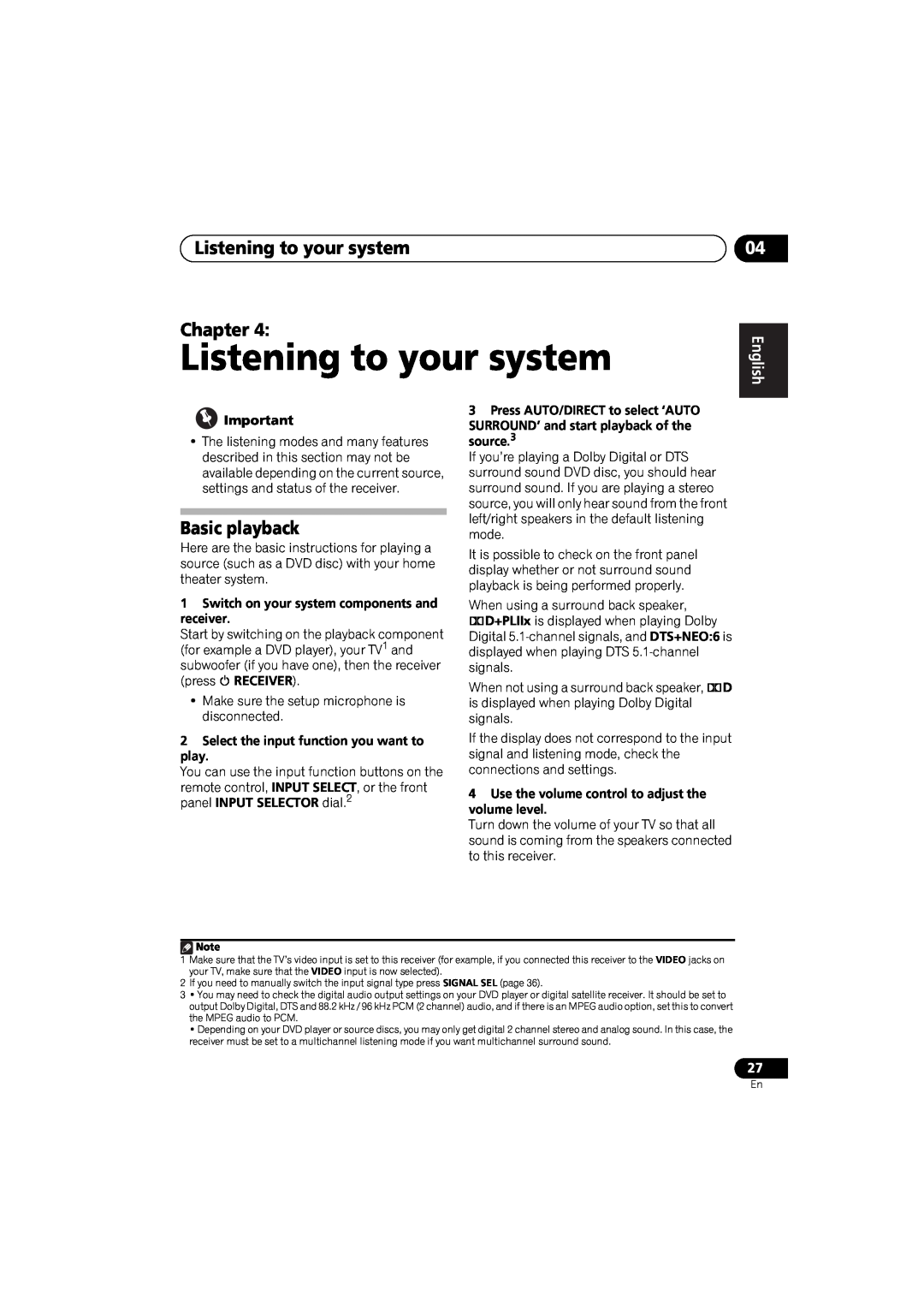 Pioneer VSX-520 manual Listening to your system Chapter, Basic playback, English, Français Español 