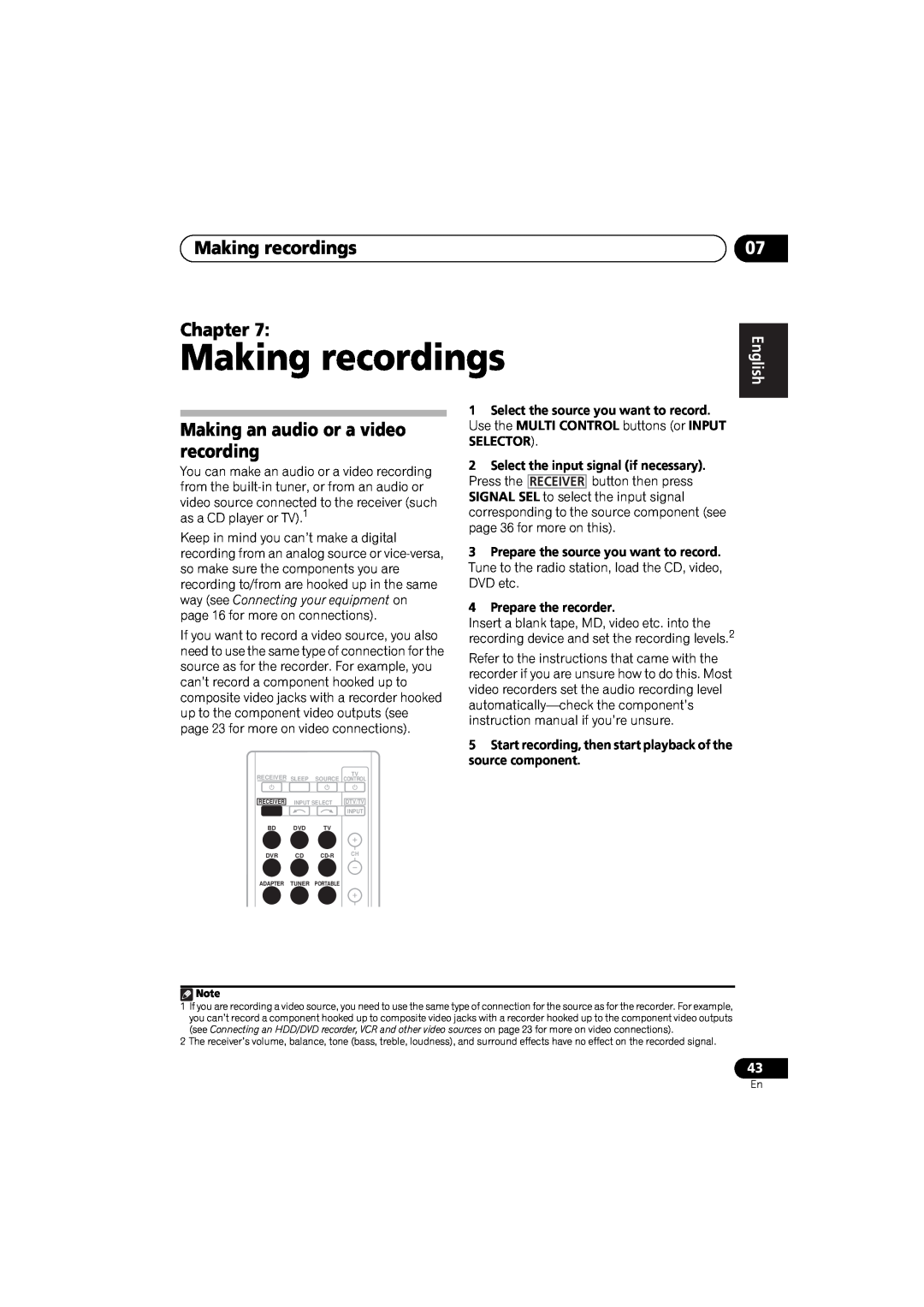 Pioneer VSX-520 manual Making recordings Chapter, Making an audio or a video recording, English, Français Español 